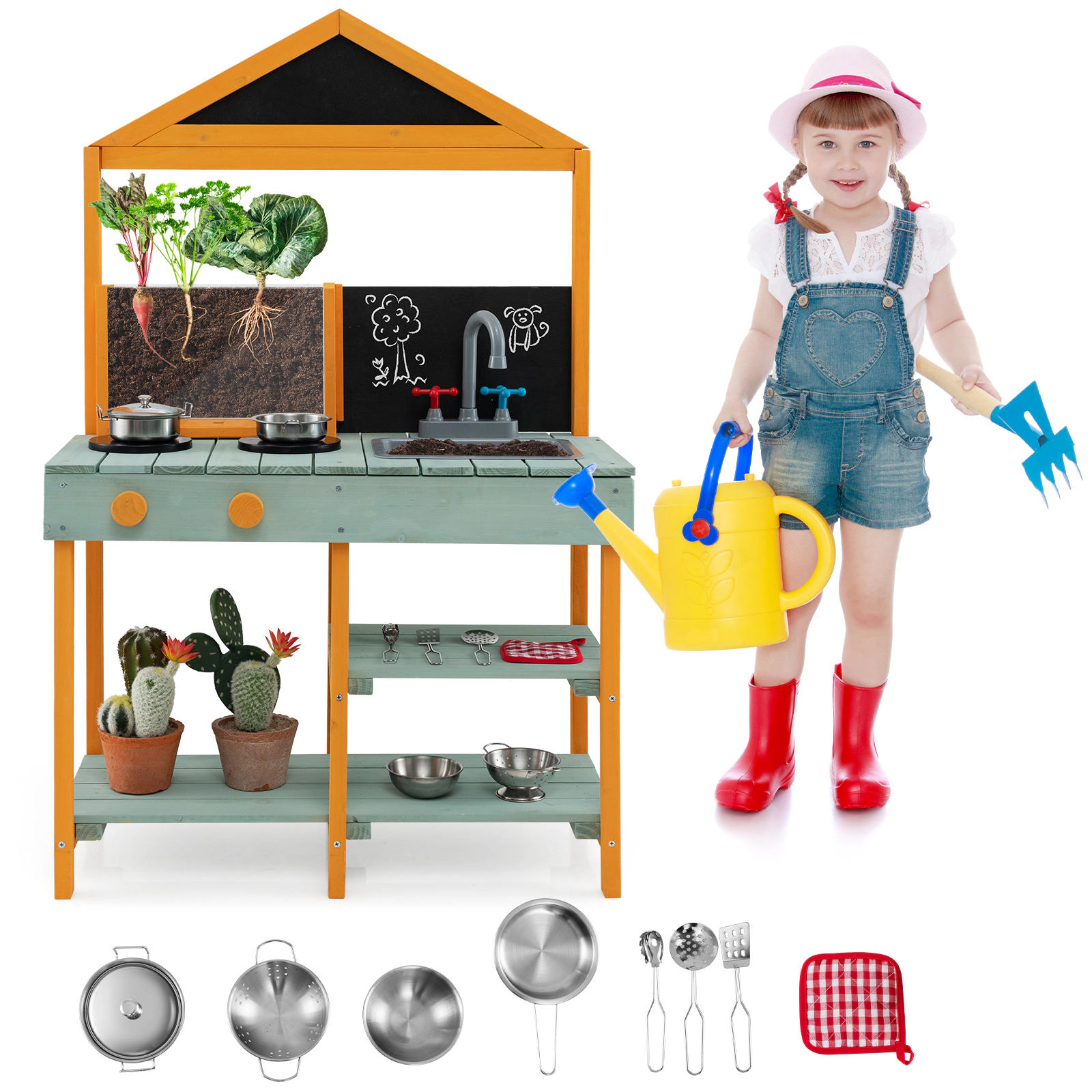 SUGIFT Kids Kitchen Playset with Root Viewer Planter and Rotatable Faucet 43.5-in Tall Ages 3+ Multi-Colored