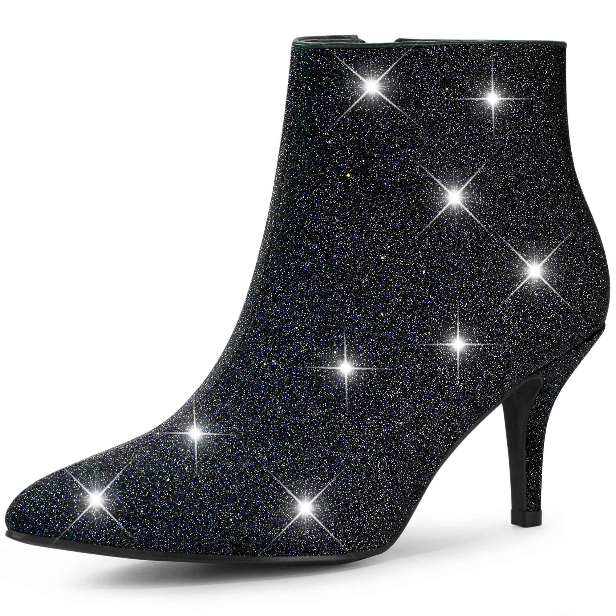 BLISSFUL STEP Women Glitter Pointed Toe Stiletto Heel Side Zipper Ankle Boots
