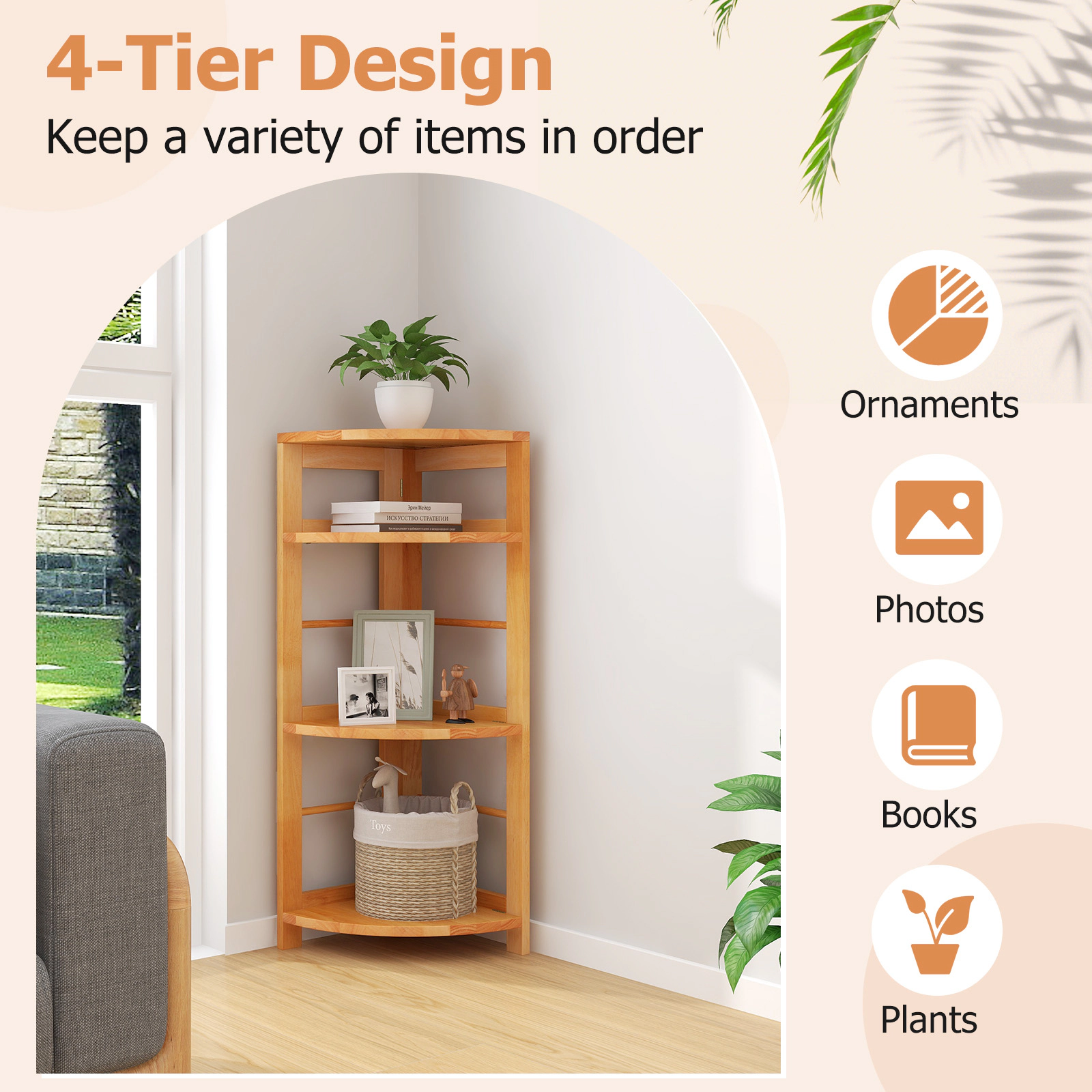 SUGIFT 4-Tier Natural 34-in Rubber Wood Corner Bookshelf Plant Stand Display Rack with Anti-Toppling Kit