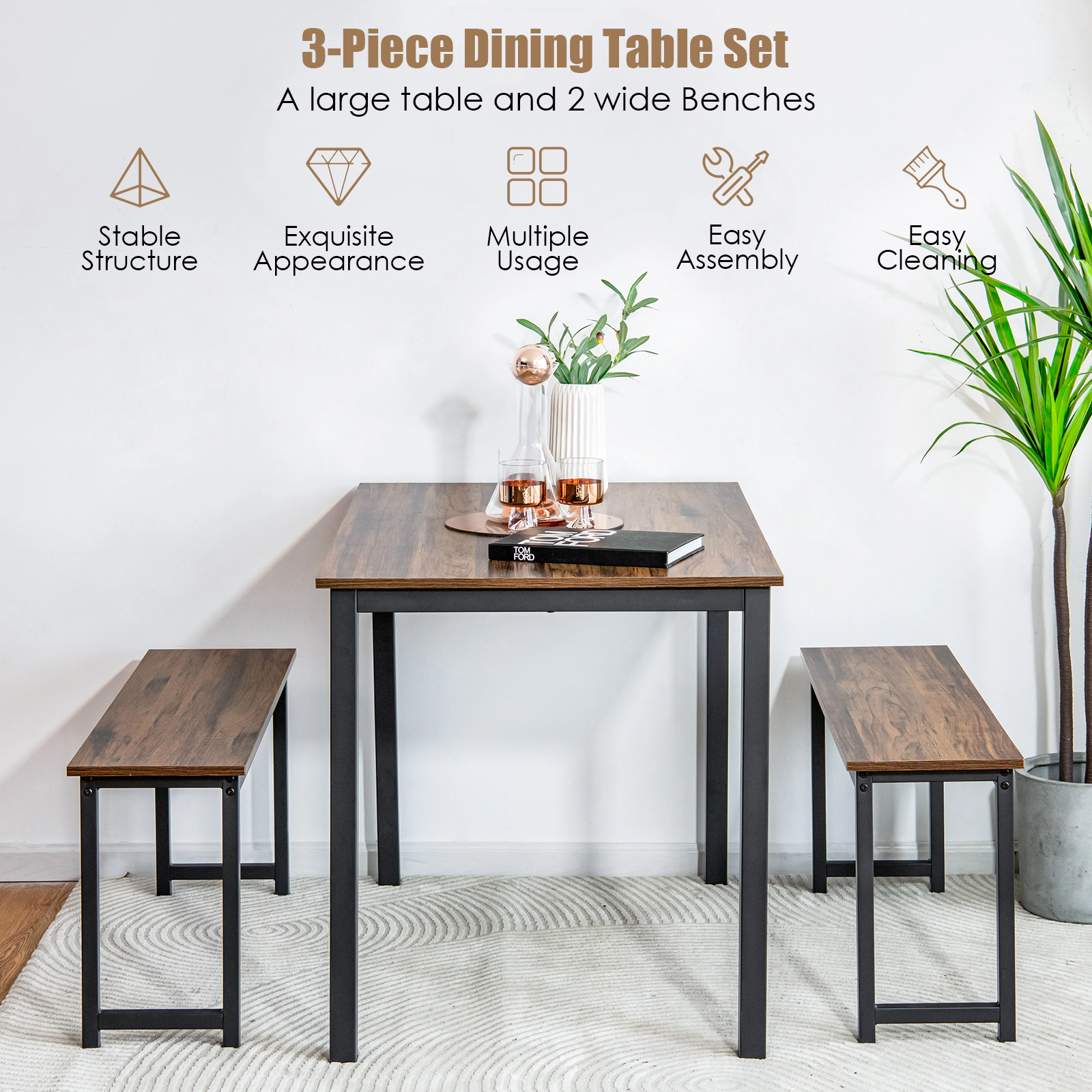SUGIFT 3-Piece Dining Table Set with 2 Benches 210-lb Table 330-lb Benches 43-in Rectangular Top Brown/Natural