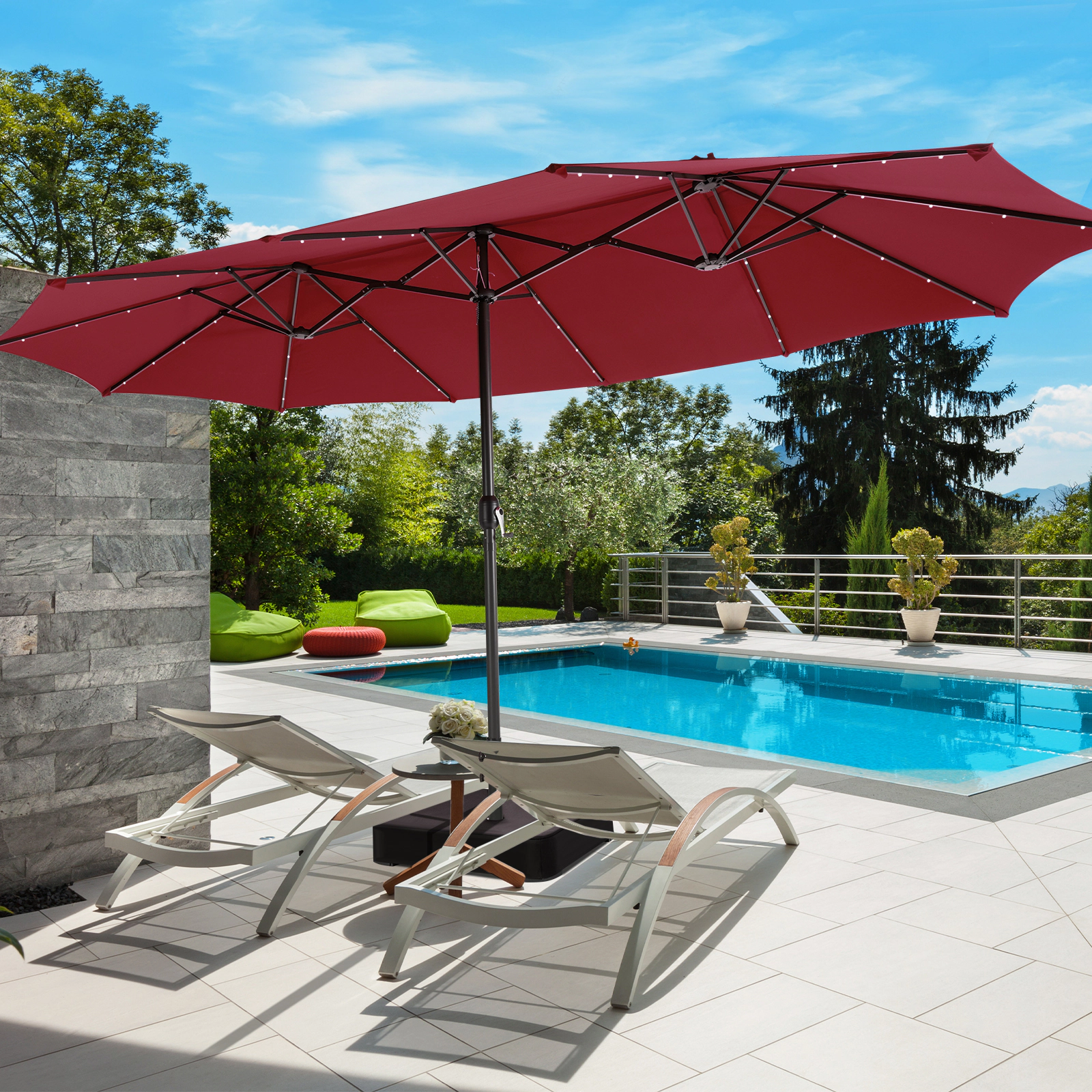 SUGIFT 15-ft Dark Red Double-Sided Patio Umbrella with 48 Solar LED Lights