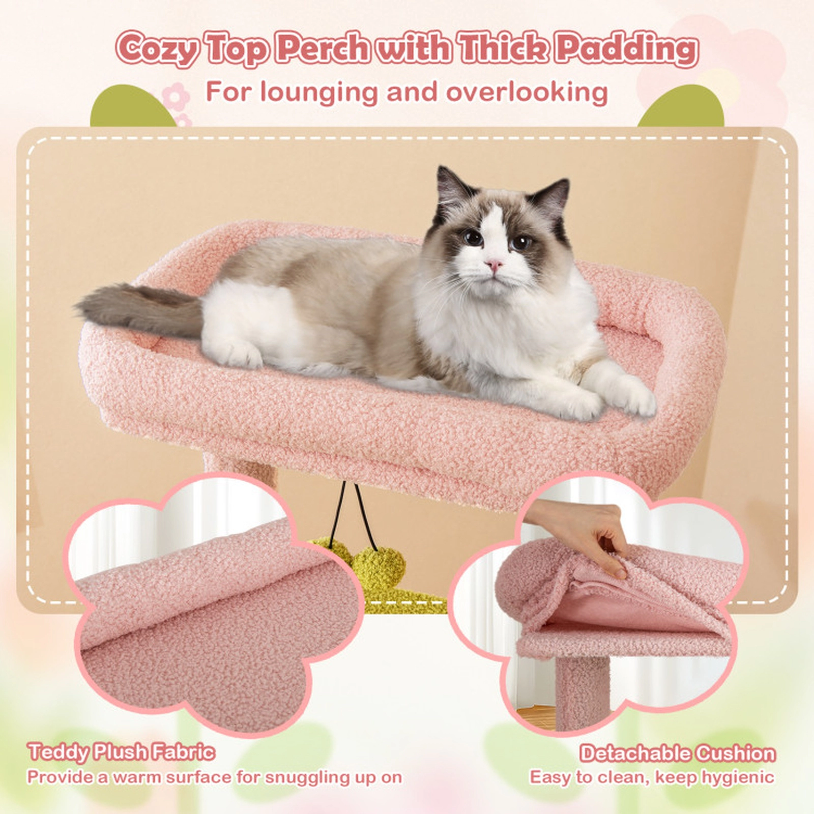 SUGIFT Pink 58 in Multi-Level Floral Cat Tower with Leaf Scratcher and Hammock