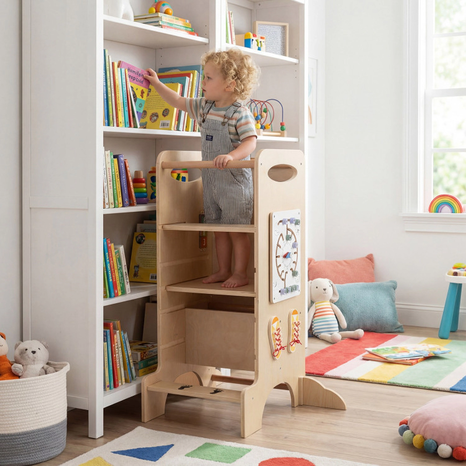 SUGIFT Kids Standing Tower Natural with Detachable Chalkboard and Montessori Games