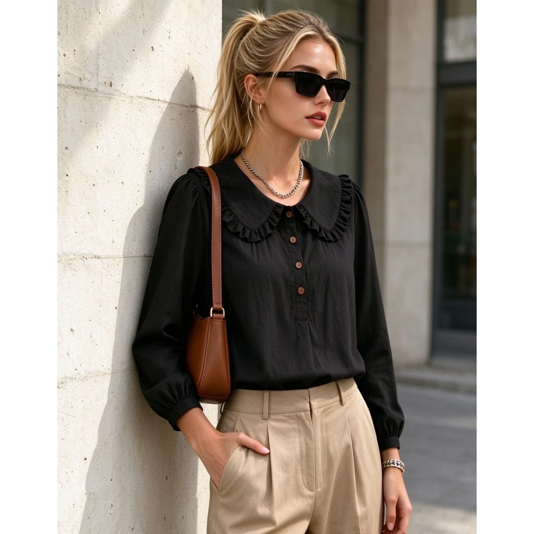 Coolmee Women's Solid Loose Peter Pan Collar Long Sleeve Cotton-Linen Look Shirt Blouse All Season