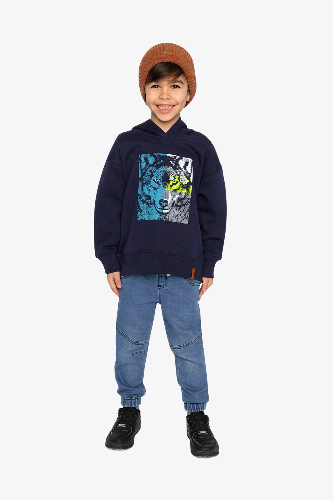 Deux par Boys Fleece Hooded Sweatshirt with Wolf Graphic