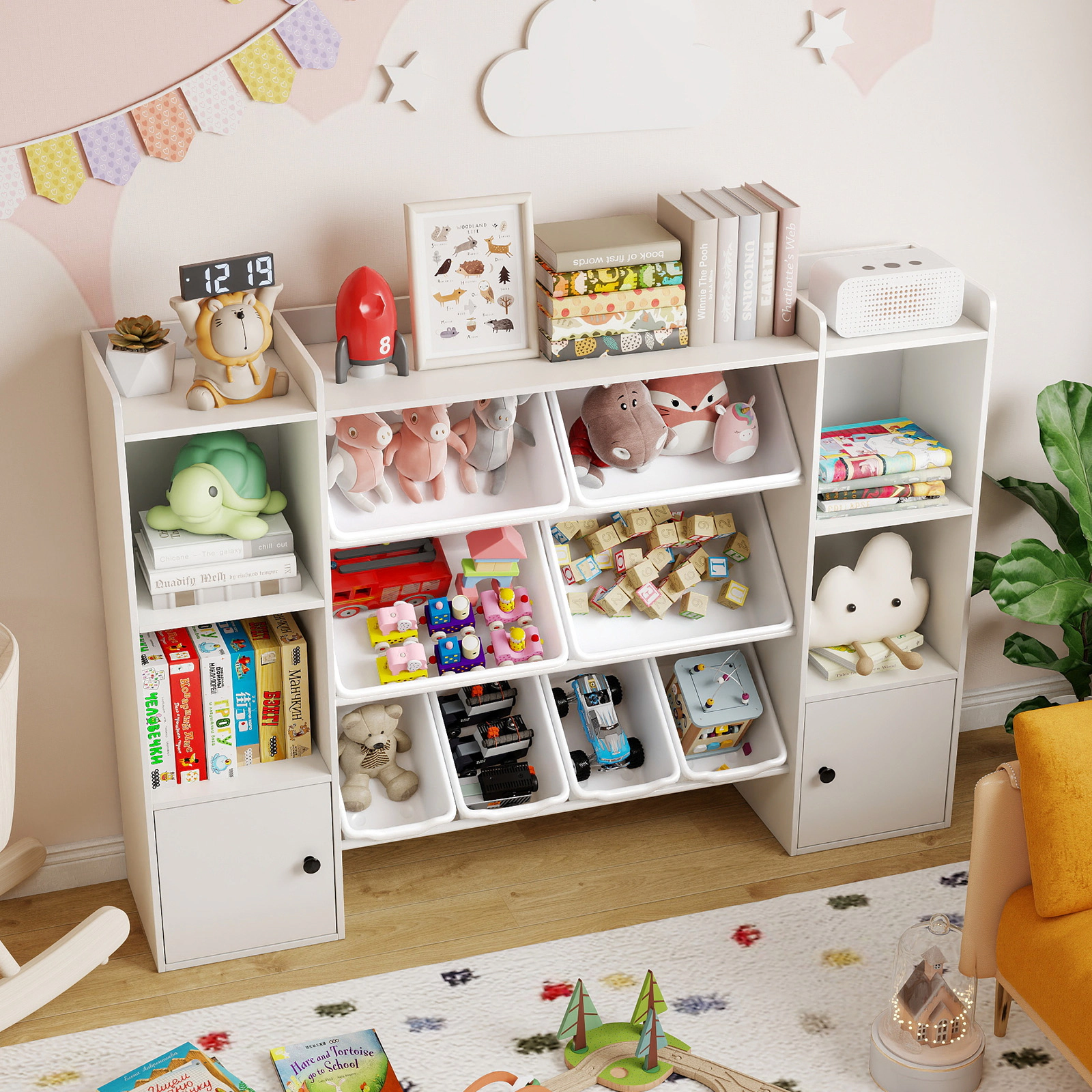 SUGIFT Kids 8 Storage Boxes 2 Cabinets Toy Organizer Bookshelf 56.5-in x 12-in x 39.5-in 385-lb Capacity Ages 3+ White
