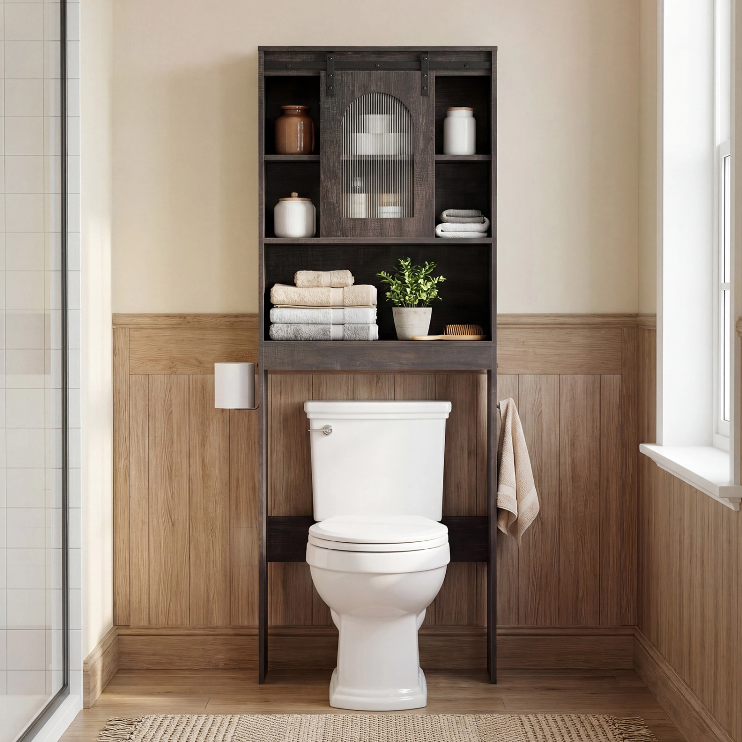 SUGIFT Over Toilet Storage Cabinet with Sliding Barn Door and Open Shelves 67-in Tall 44-lb Top Capacity Black Oak/White