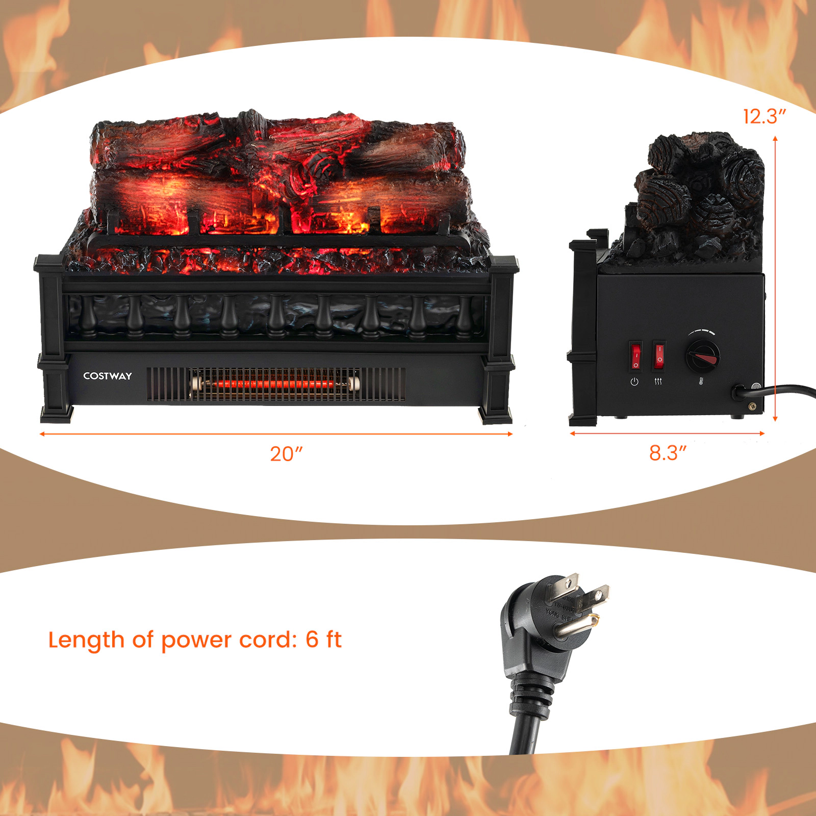 LJG 20 Inch Electric Fireplace Heater with Realistic Pinewood Ember Bed