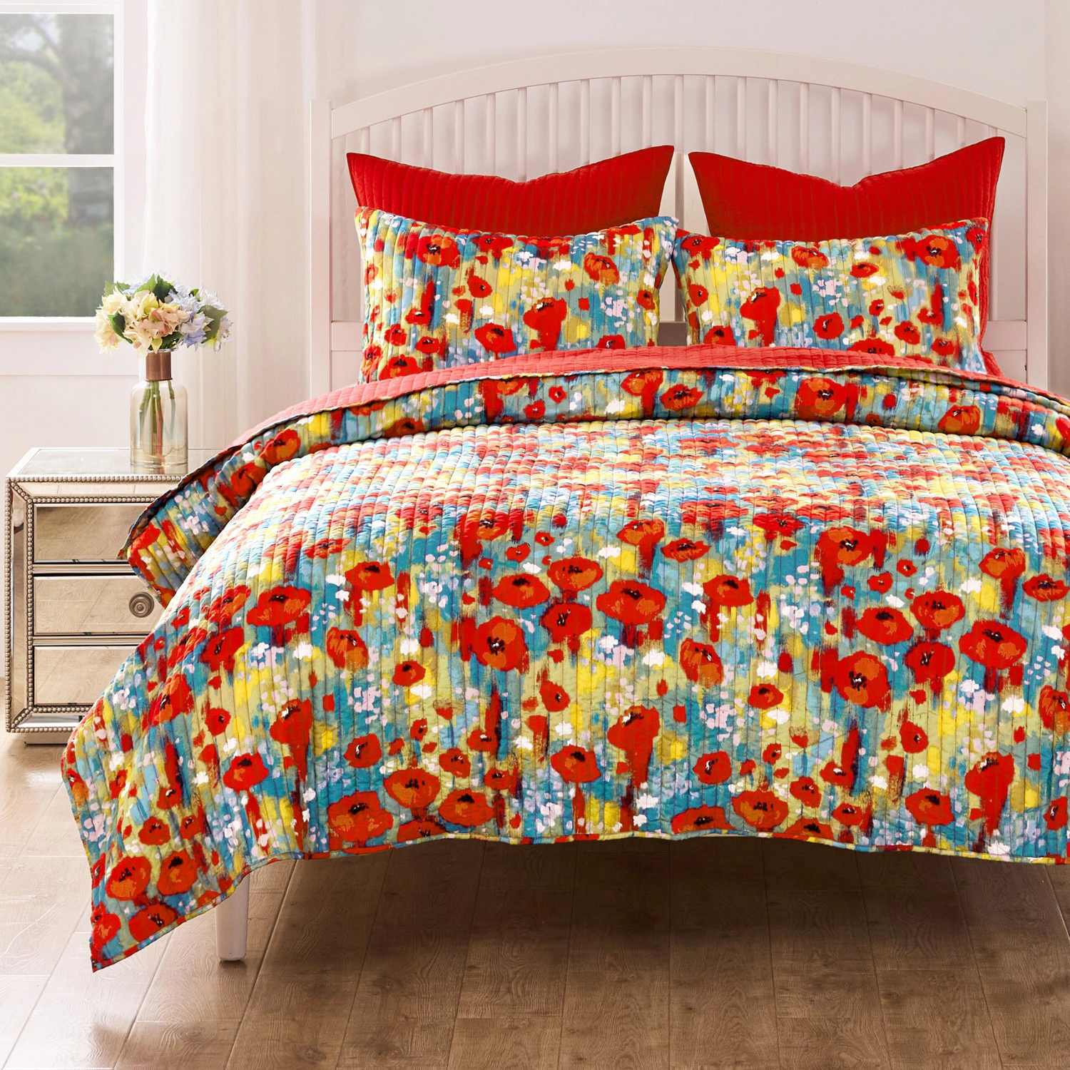 Greenland Home Fashion Poppies Microfiber Face Cotton Back Quilt Set 3 Piece