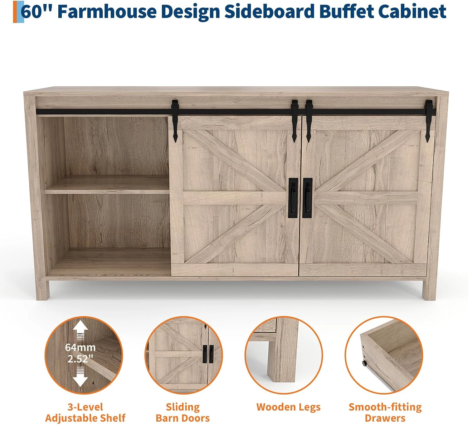 BebreezChic Farmhouse Sideboard Buffet Cabinet, Sliding Barn Doors, 4 Drawers, 60in