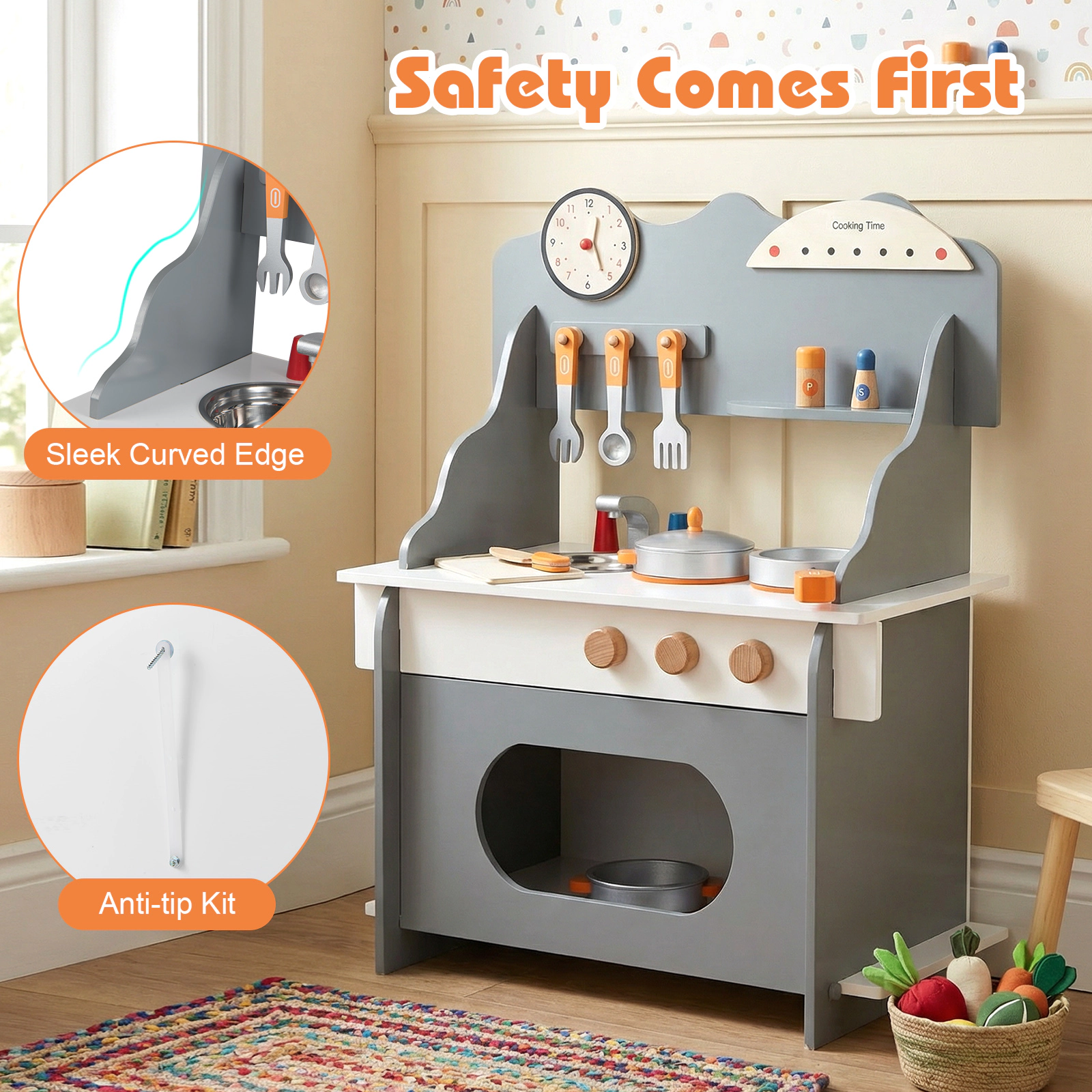 Wooden Play Kitchen for Toddlers with Learning Clock Anti-Tip Kit and 14-in Counter 20.5-in x 11.5-in x 28-in Gray