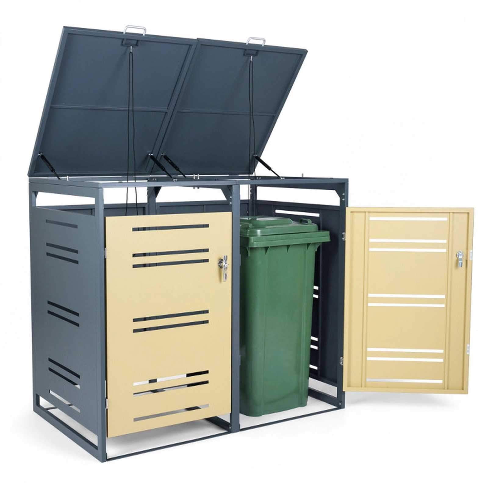 SUGIFT 2-Can Outdoor Metal Trash Can Storage Shed with Gas-Strut Lids Lockable Handle and Wide Doors