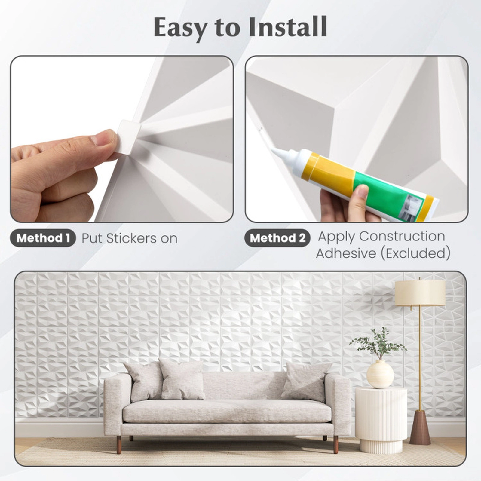 SUGIFT 50-Pack Diamond Relief Paintable PVC 3D Wall Panels 12-in x 12-in x 1-in 50 sq ft Coverage 8-lb White