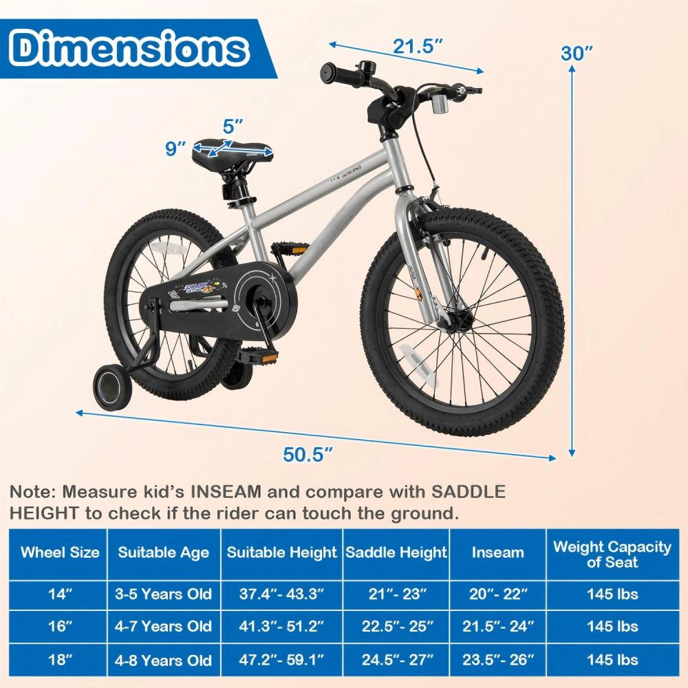 SUGIFT 18-Inch Silver Kids Bike, High Carbon Steel, Dual Brakes, Removable Training Wheels