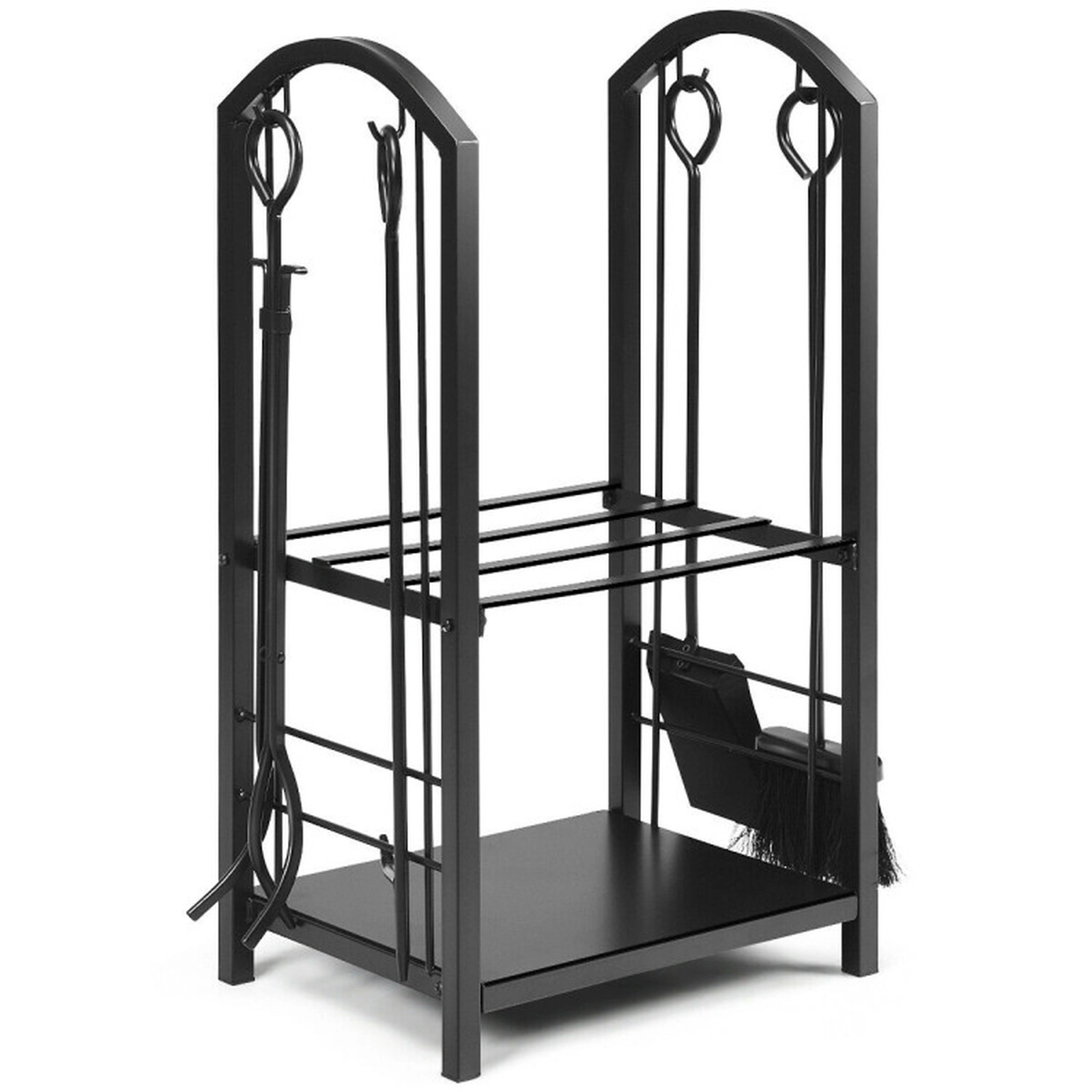 SUGIFT 2-Shelf Wrought Iron Firewood Rack with 4-Piece Fireplace Tool Set