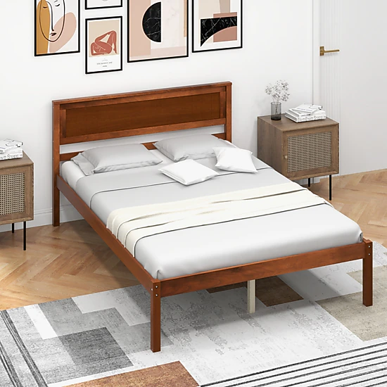 SUGIFT Full Platform Bed Frame, Walnut Wood Headboard, 16-Inch Footboard