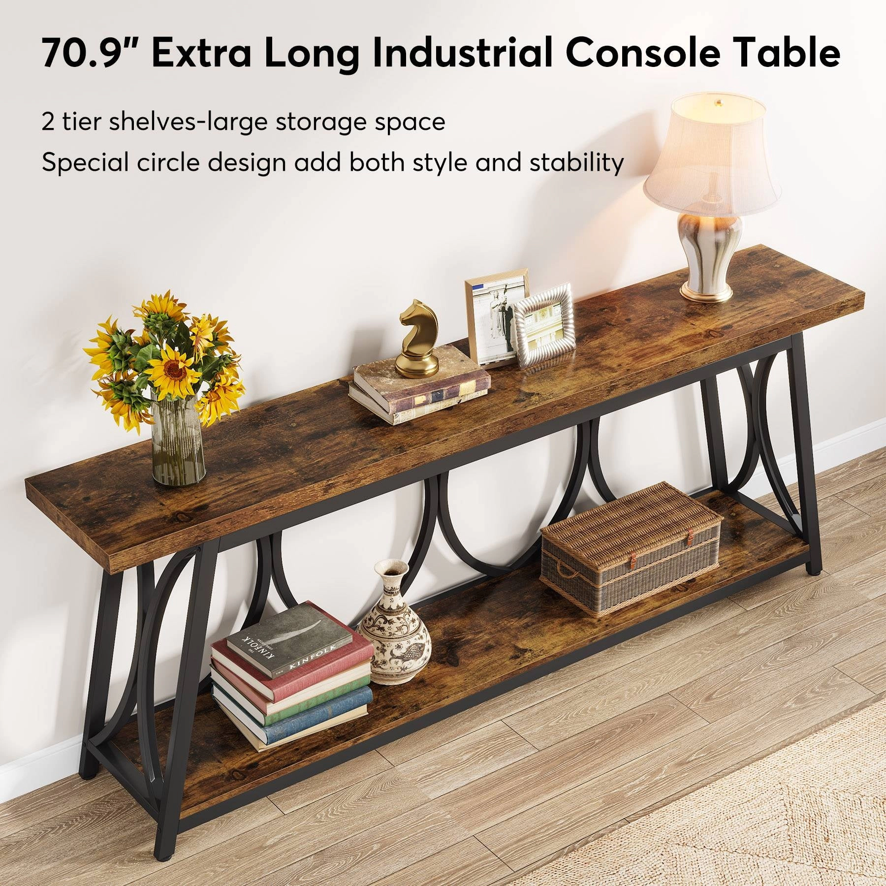 Tribesigns 2-Tier Console Table, 70.9" Industrial Sofa Table Behind Couch with Shelves