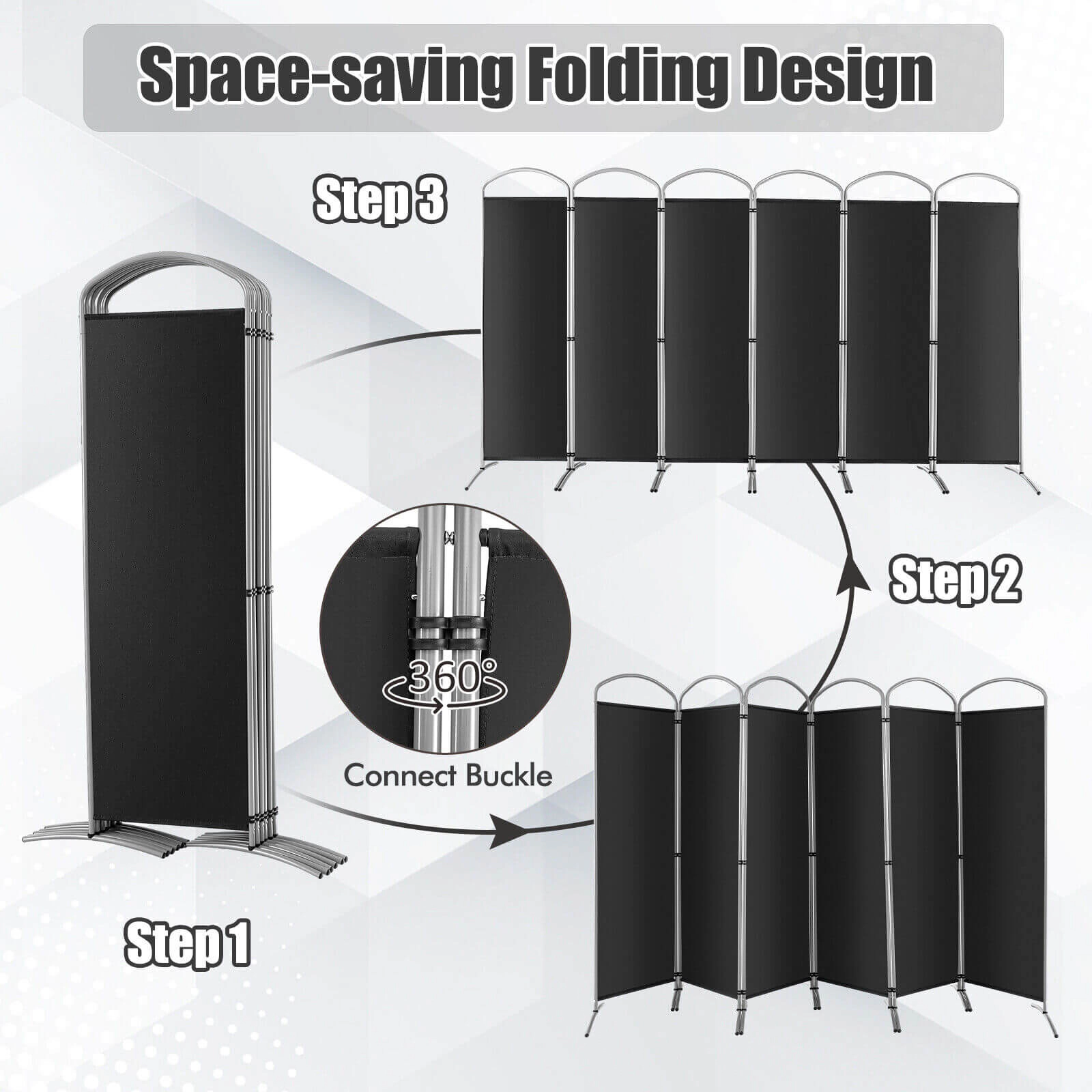 SUGIFT Black 6-Panel 131-in Wide 74-in Tall Freestanding Folding Room Divider Screen with Curved Base