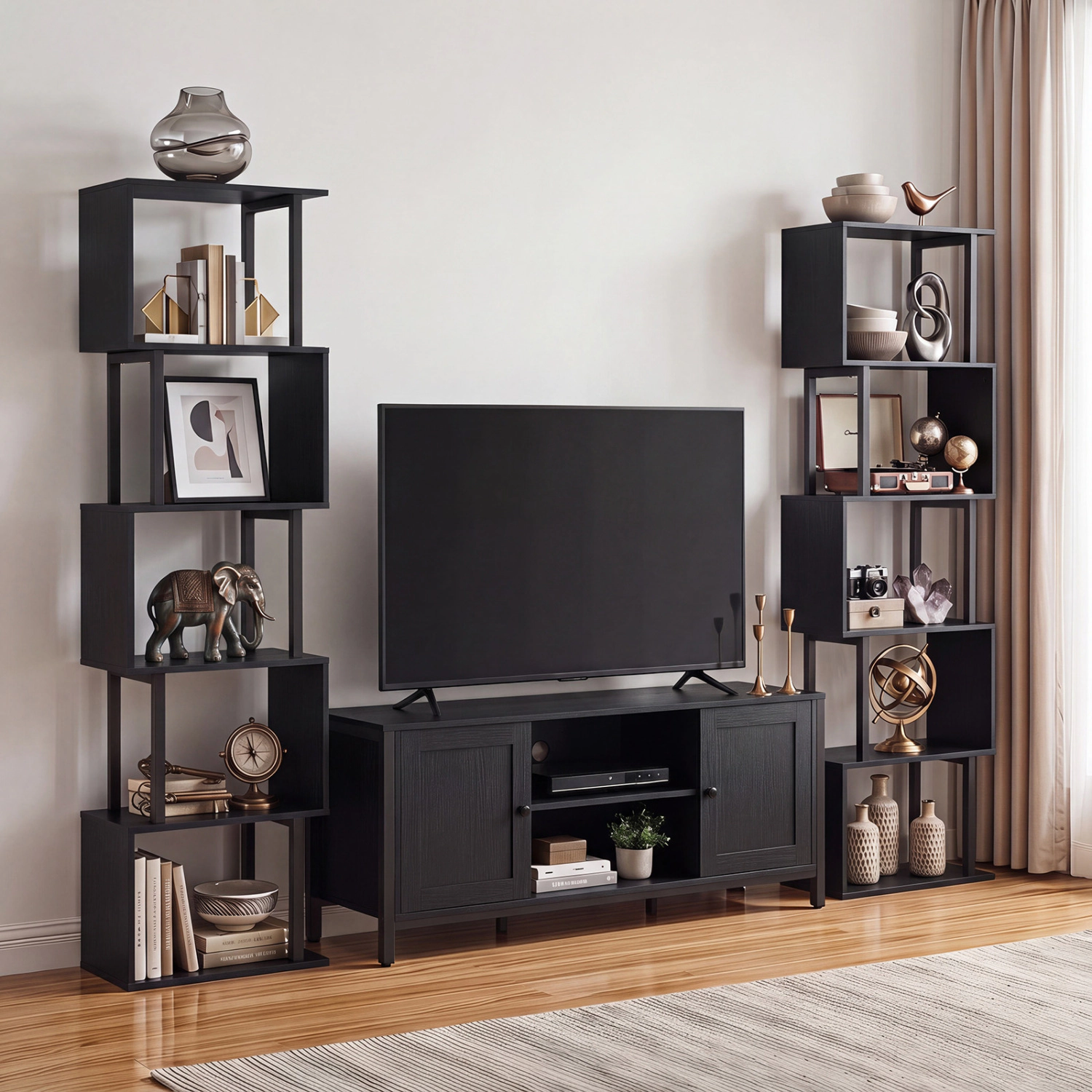 LJG 5-Tier S-Shaped Bookshelf with Open Cubes & Anti-Toppling Kits for Living Room