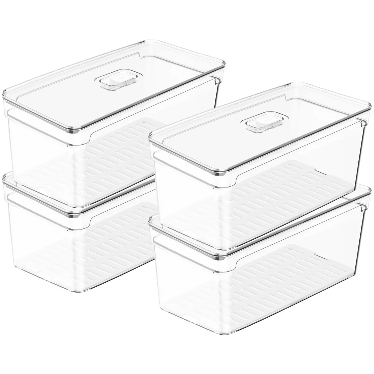 OU Fridge Organizer Bin w/ Vented Lid, Clear Stackable Refrigerator Storage Container w/ Drain Tray, 4 Pack
