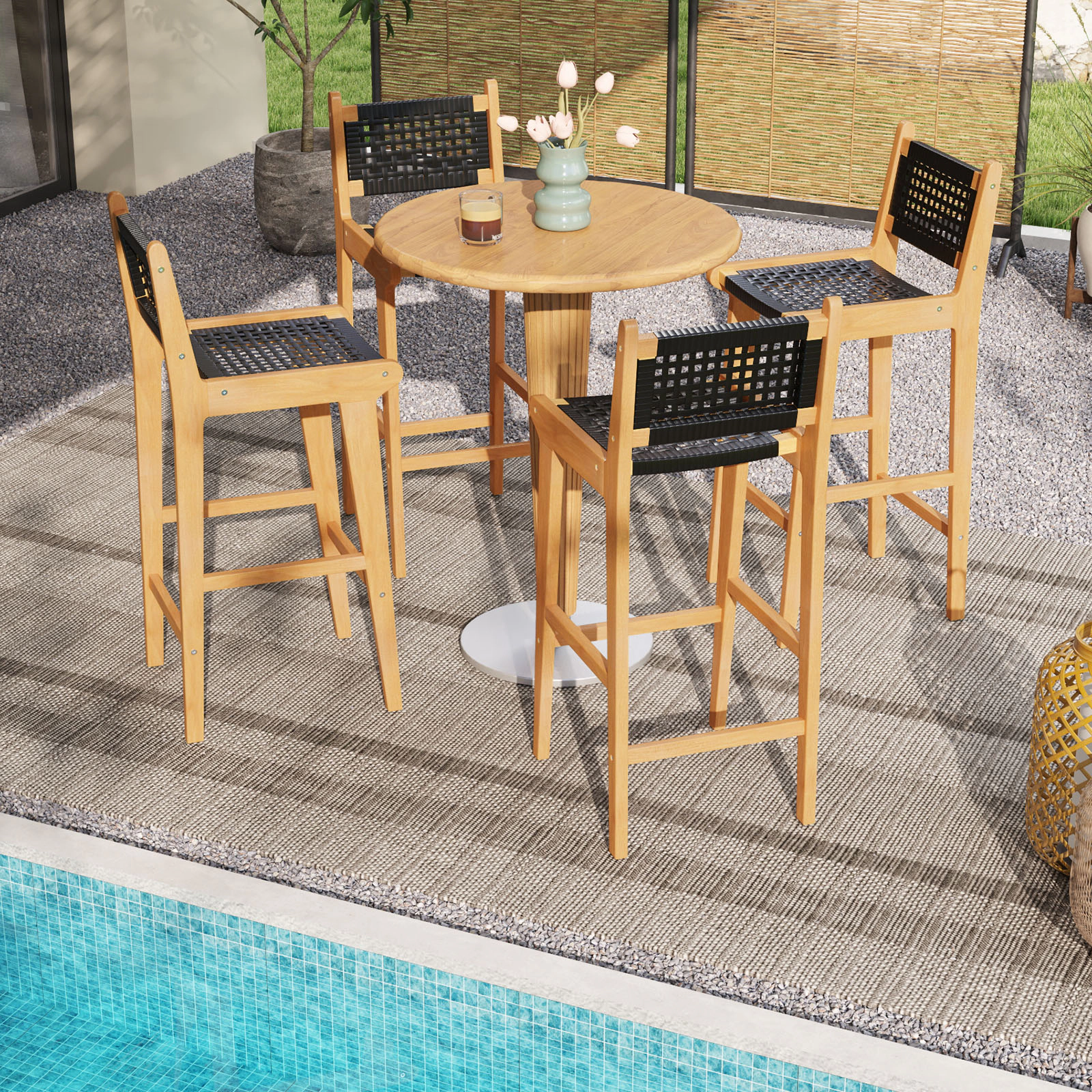 LJG 30 Inch Rattan Teak Wood Bar Stool with Backrest and Footrest