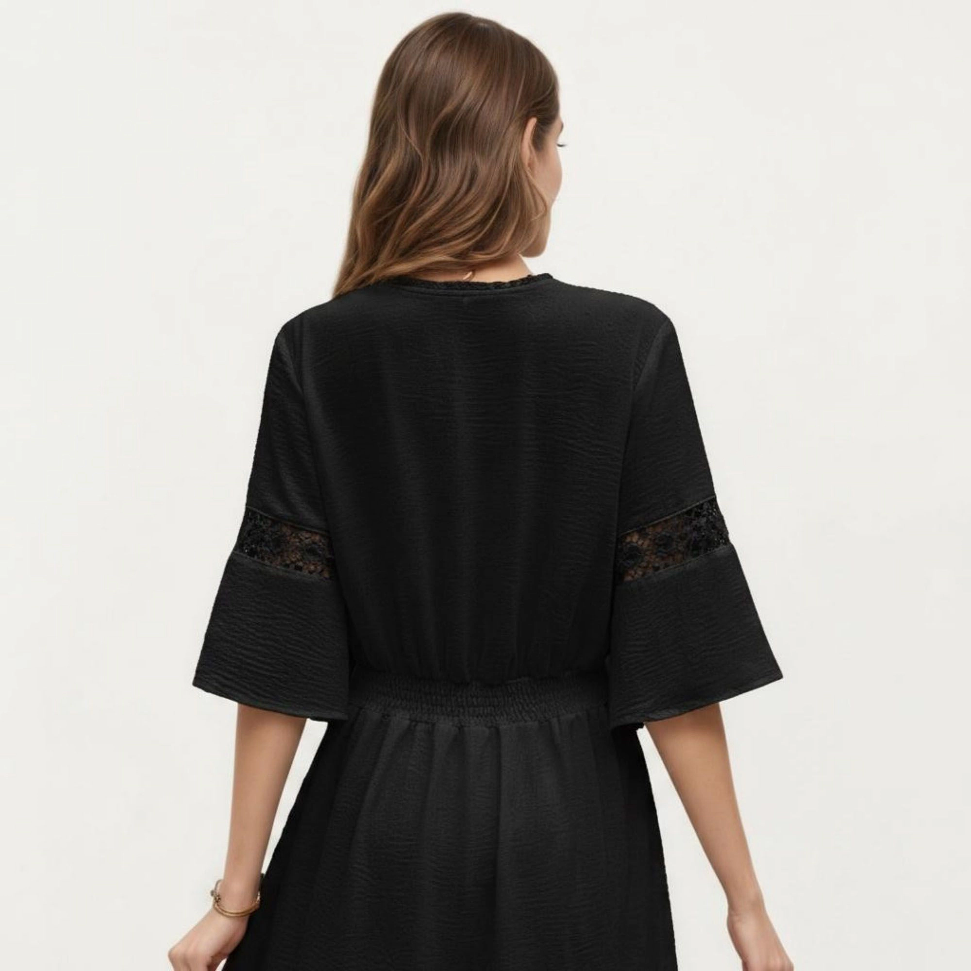 Anna-Kaci Women's V-Neck Lace Trim Paneling Short Wide Sleeves Midi Dress