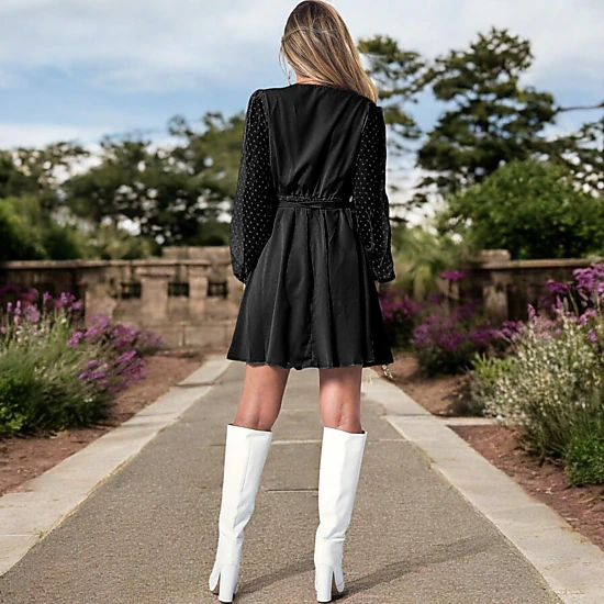 Anna-Kaci Women's V-Neck Long Sleeve Mini Dress with Sheer Dotted Sleeves and Waist Tie Detail