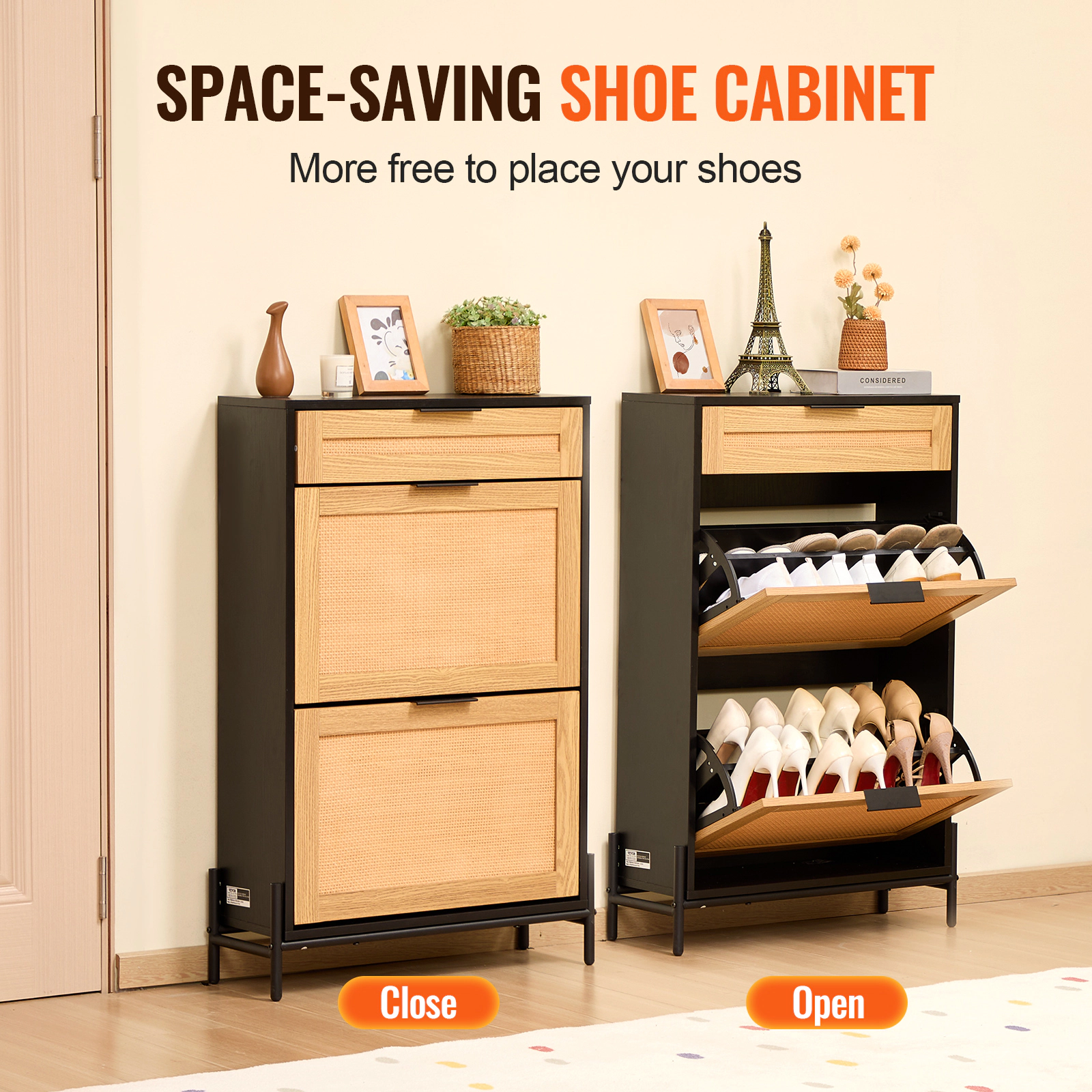 HONGGE Narrow Rattan Shoe Cabinet with Flip Drawers, Slim Entryway Storage Organizer with Metal Legs for Closet Hallway