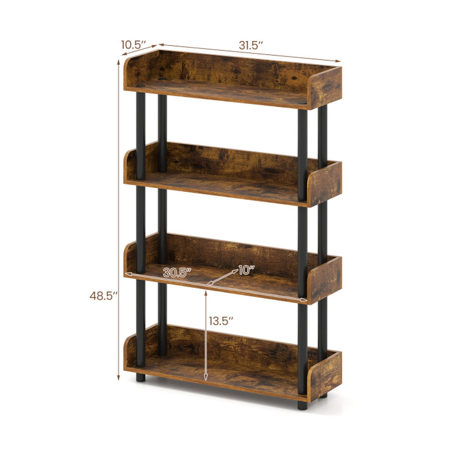 SUGIFT 4-Tier Open Bookshelf with Guardrails and Anti-Tipping Kit Bookcase 33-lb Per Shelf Capacity Rustic Brown & Black