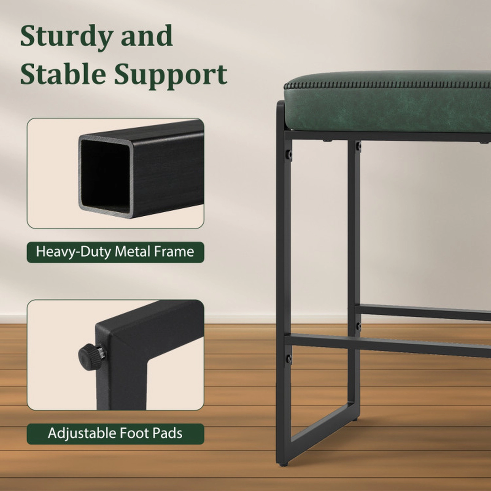 SUGIFT Set of 4 Faux Leather 4-in Cushion 26-in H 330-lb Capacity Counter Height Bar Stools Green