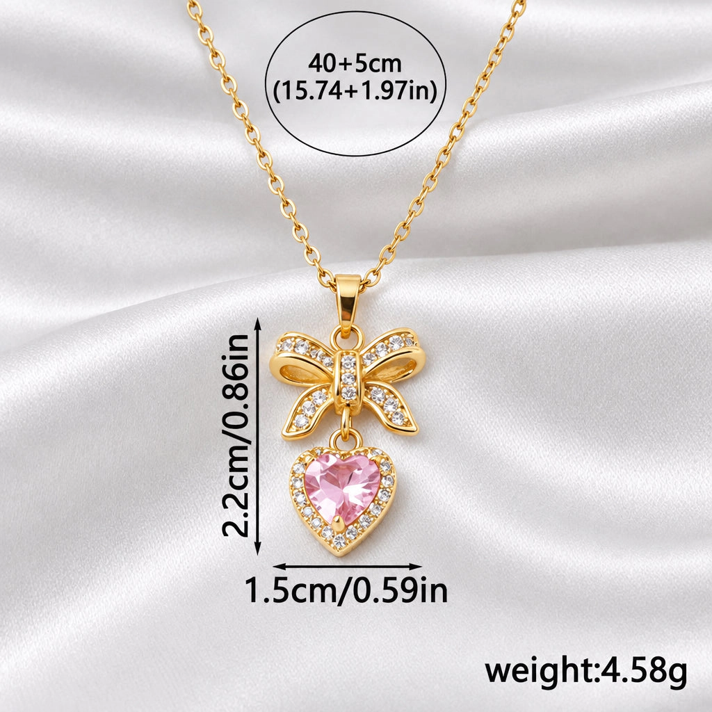 DressAtR Women's 18K Gold Plated Pink Heart Bow Necklace