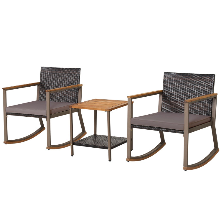 Hivvago 3 Pieces Rattan Rocking Bistro Set With Coffee Table And Cushions