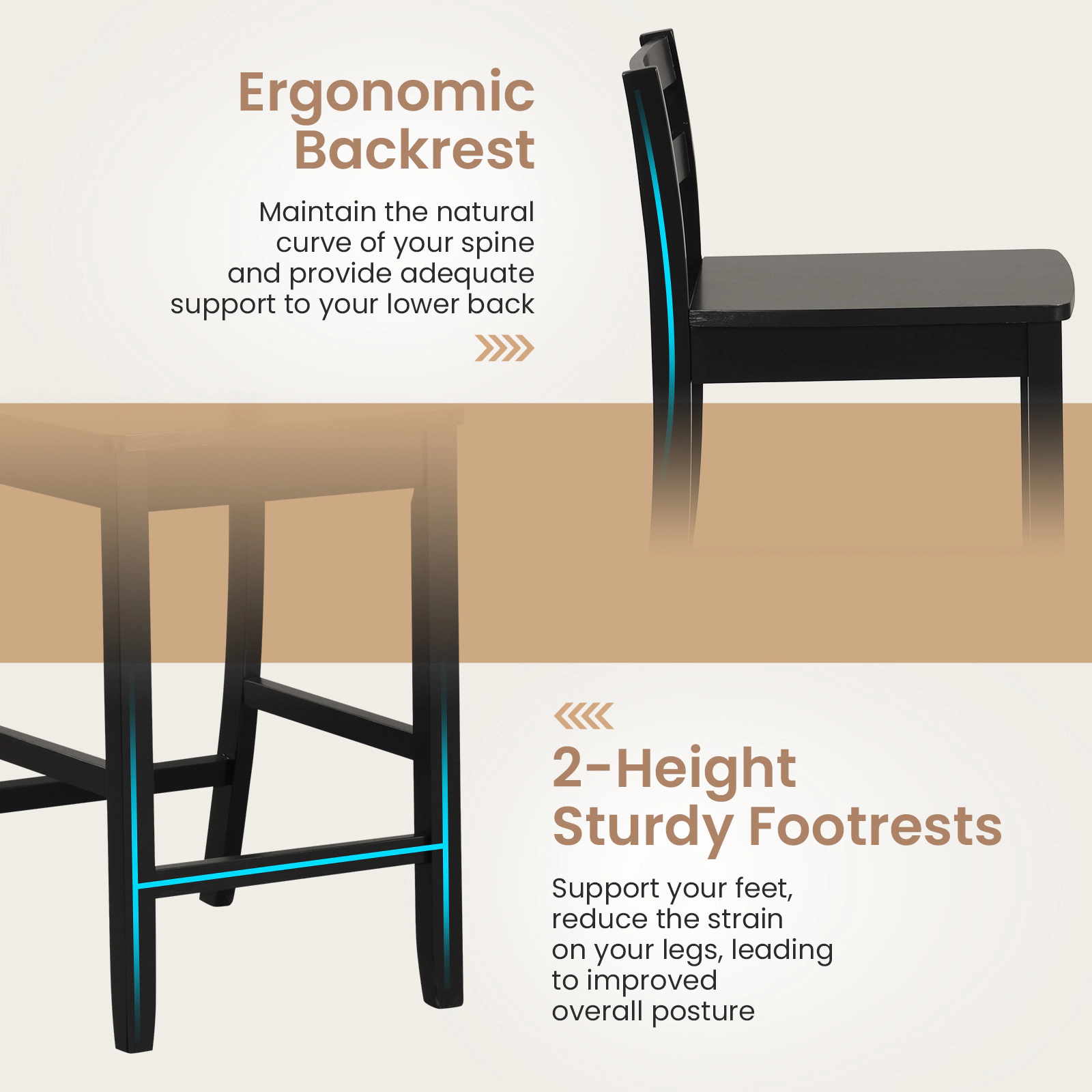 SUGIFT Set of 2 24-in Seat H Ergonomic Backrest and Two-Level Footrest 400-lb Wooden Bar Stools Black