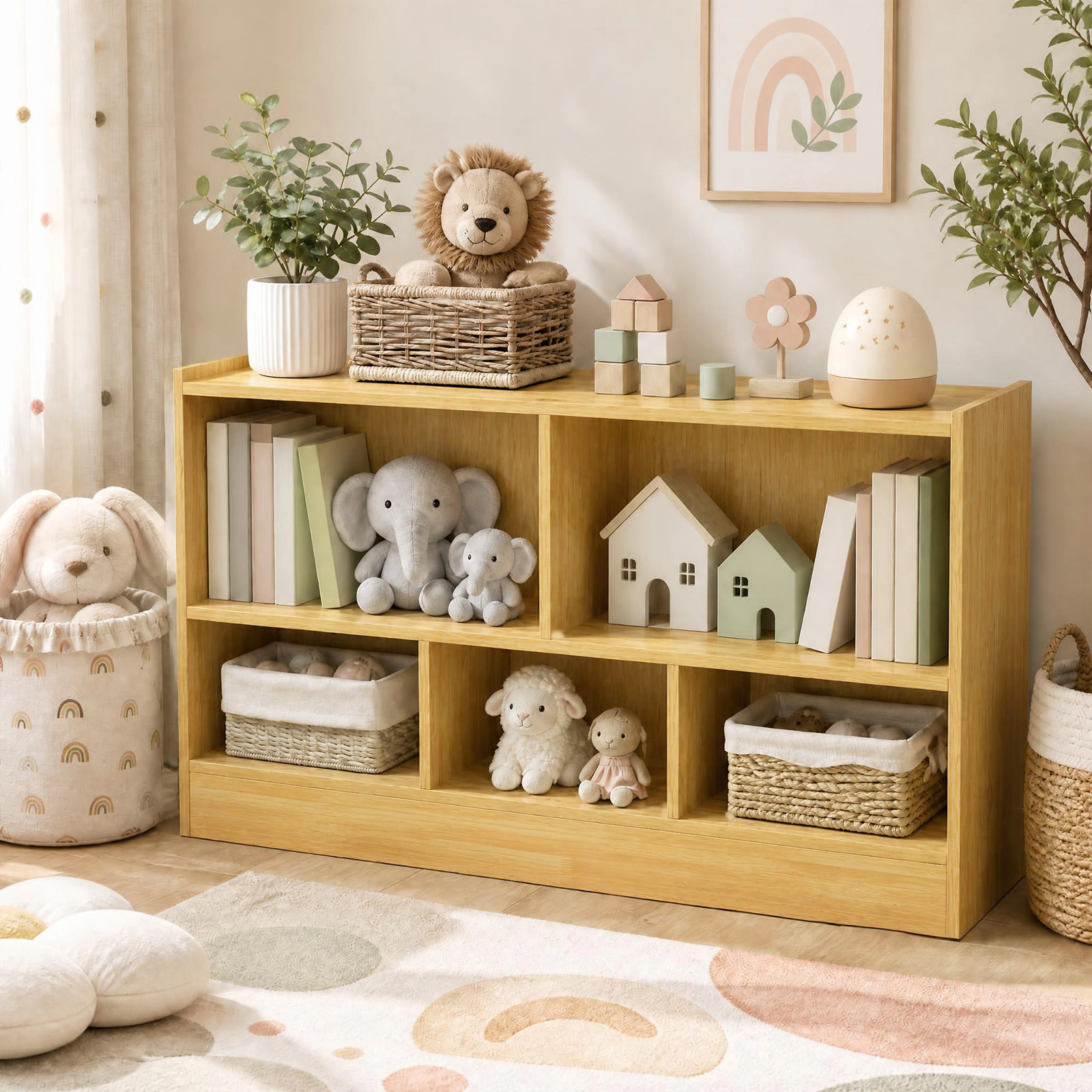 Costway Kids 2-Shelf Bookcase 5-Cube Wood Toy Storage Cabinet Organizer