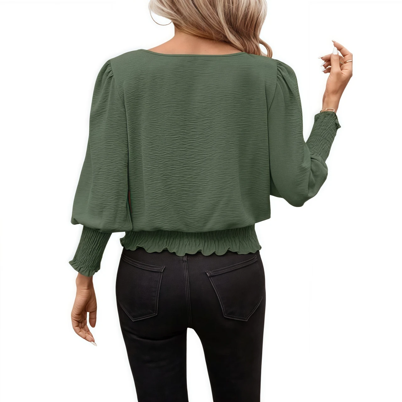 YesFashion Women's Smocked Waist Blouse Long Puff Sleeve Round Neck Casual Daily Top