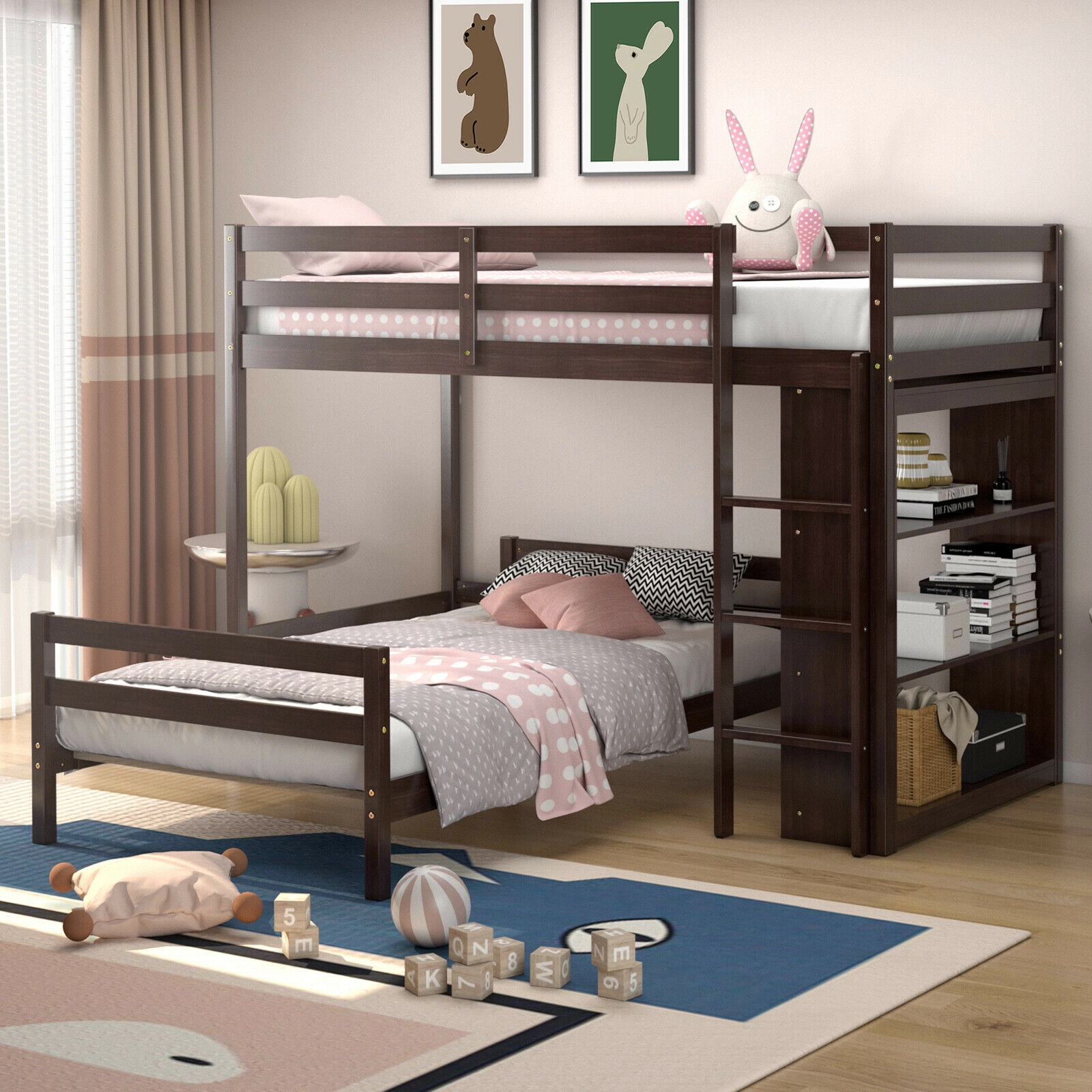 SUGIFT Twin-Over-Twin Bunk Bed with 4-Tier Bookcase, Dark Brown Wood
