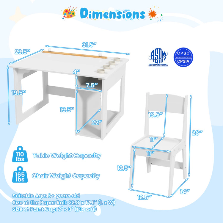 Hivvago Kids Art Table And Chair Set Toddler Craft Drawing Desk-White