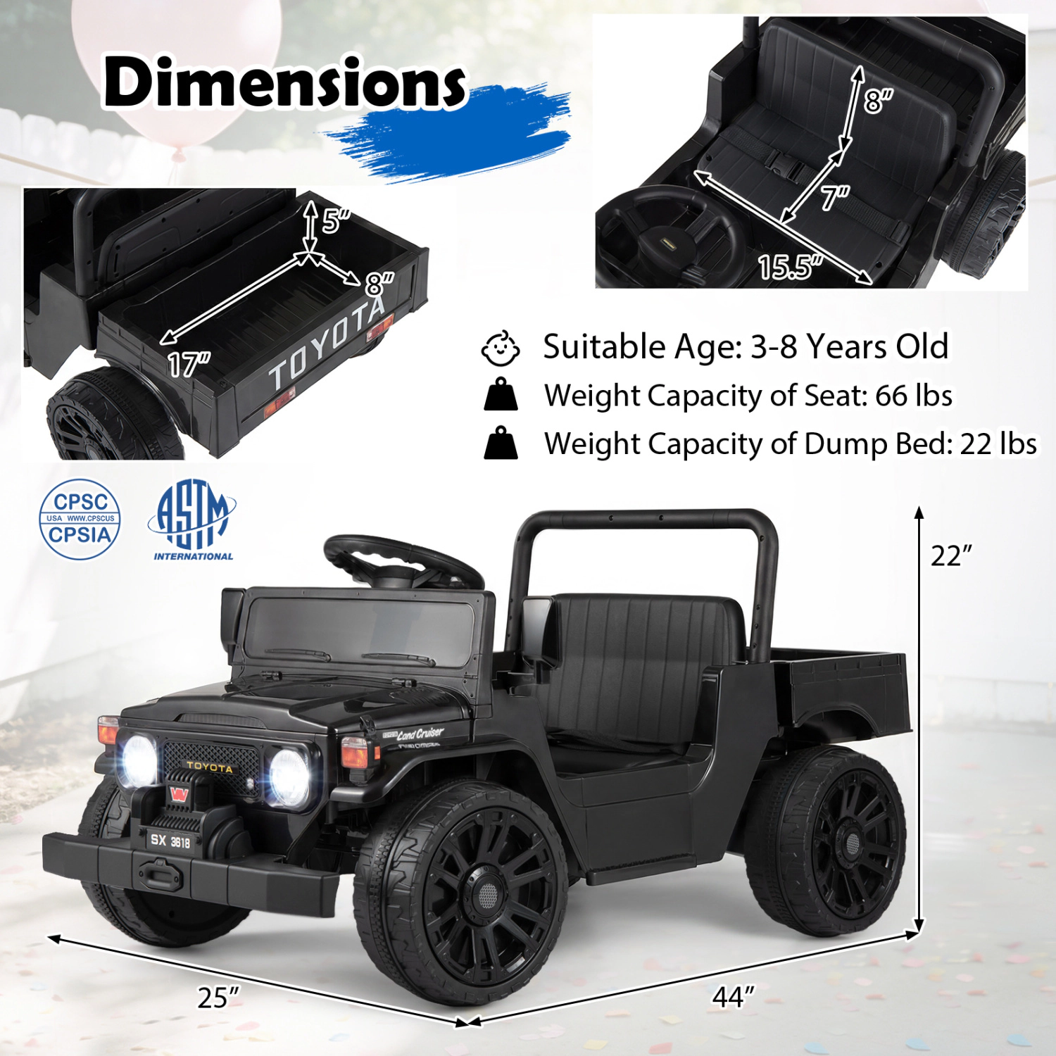 LJG Kids 12V Electric Ride on Truck with Dump Bed and Music Licensed Toyota