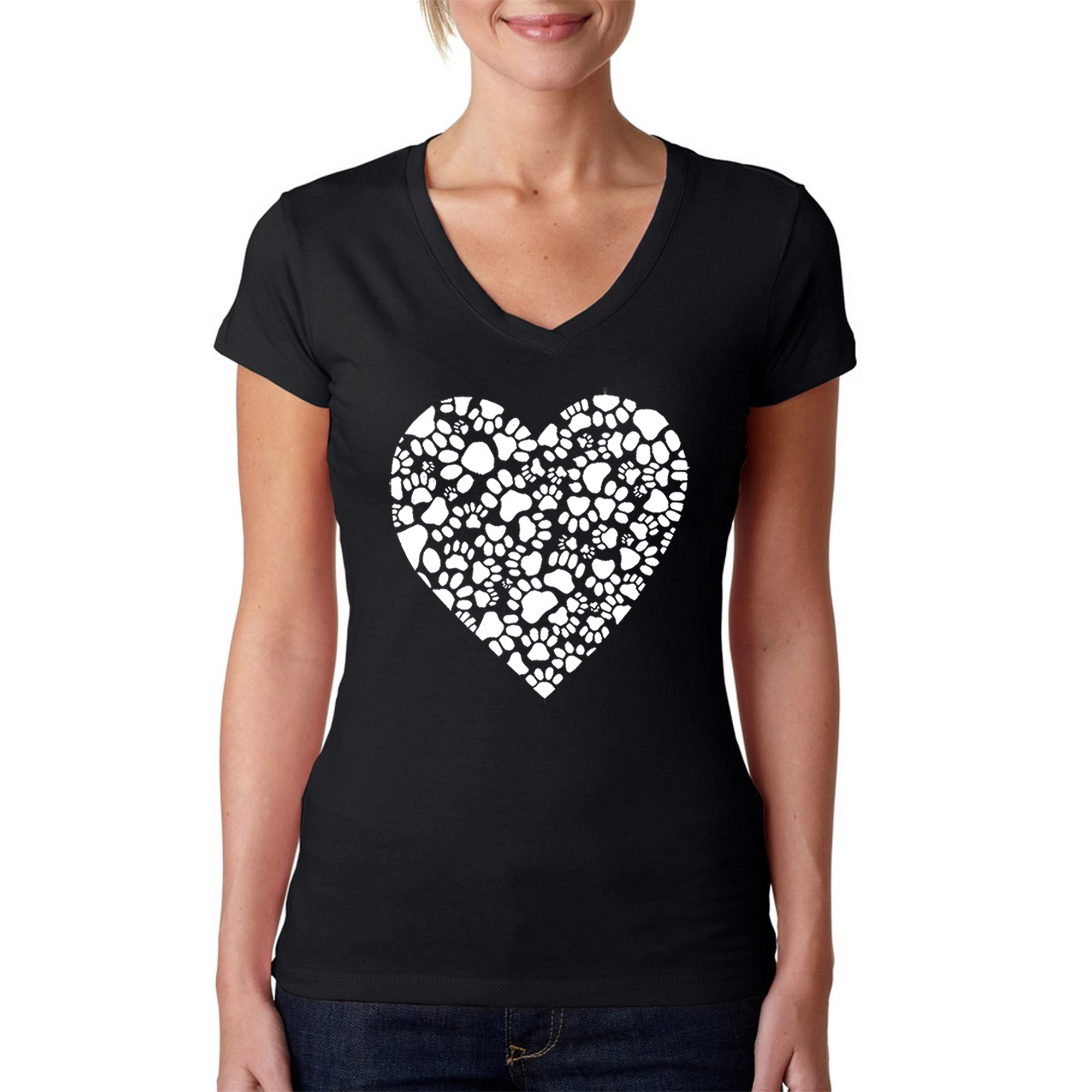 LA Pop Art Womens Word V-Neck T-Shirt - Paw Prints Heart