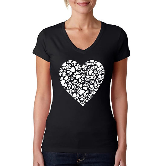 LA Pop Art Womens Word Art V-Neck T-Shirt - Paw Prints Heart