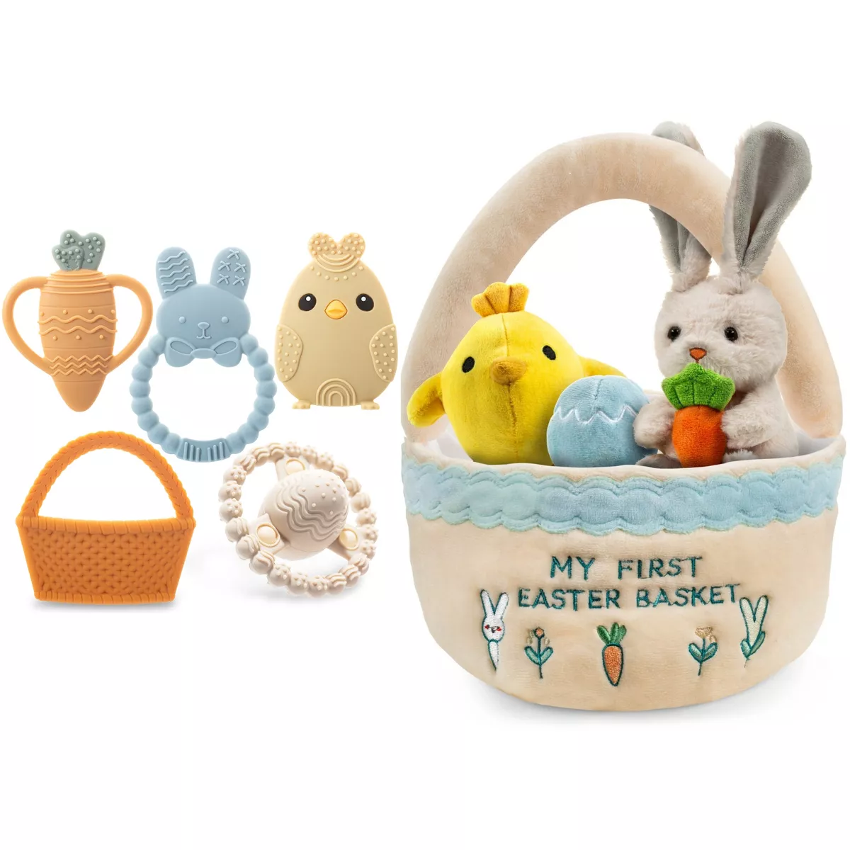 Sperric Easter Baby Plush & Teether Playset - Bunny, Carrot, Chicken, Rattle Egg Basket, Sensory and Decorative Gift