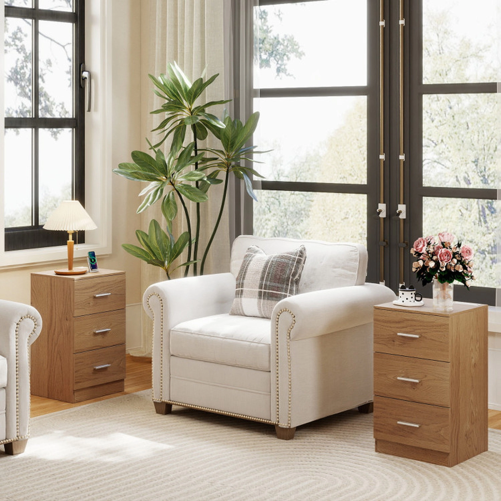 SUGIFT Set of 2 Nightstands with Charging Station and 3 Drawers 44-lb Countertop Capacity Natural