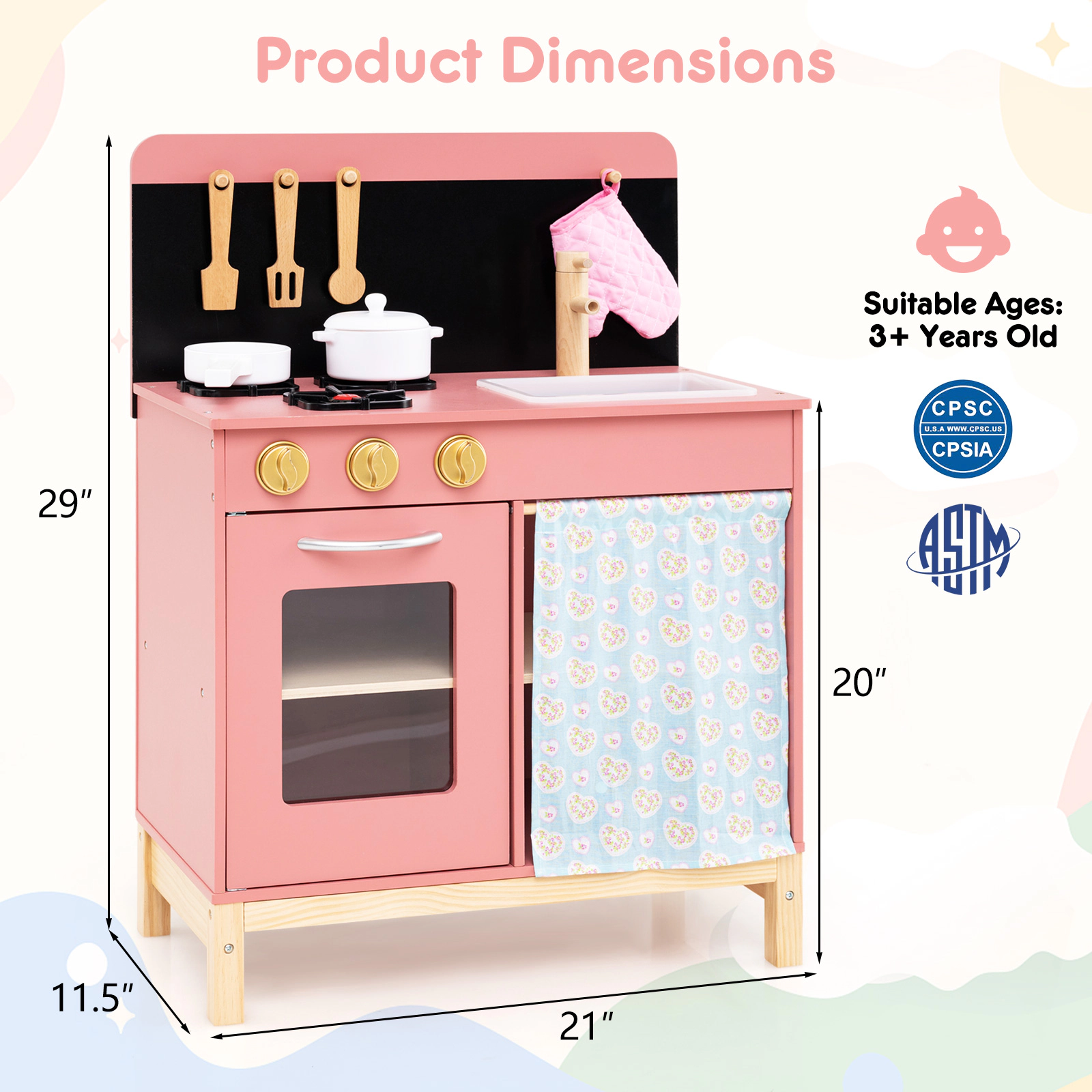 SUGIFT Play Kitchen for Kids with Stove Sink Oven and Door Curtain Ages 3+ Pink with Apron Glove Pan Pot Lid Utensils