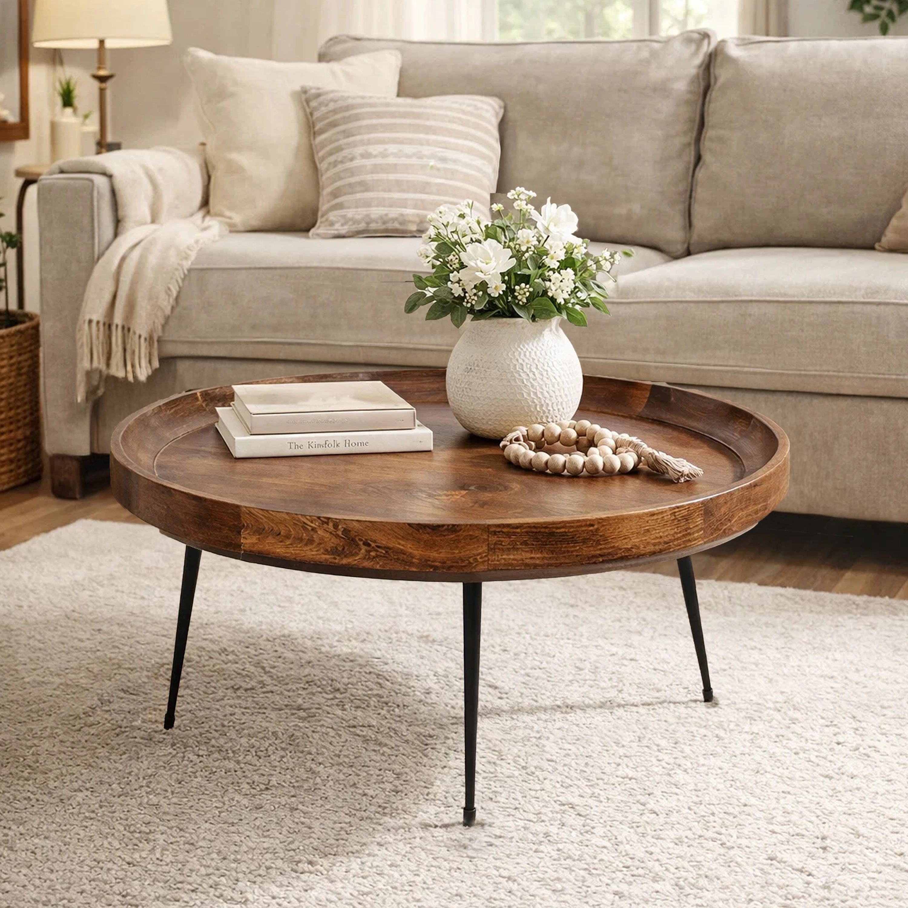 The Urban Port Handcrafted Round Mango Wood  Coffee Table with Tray Top,  Dark Walnut Brown, Black Iron Legs