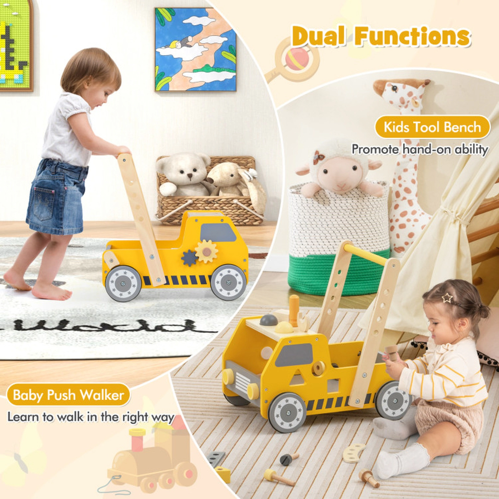 SUGIFT 2-in-1 Wooden Baby Walker and Kids Tool Bench with Adjustable Speed 16.5-in Tall 3+ Years Yellow Gray Blue
