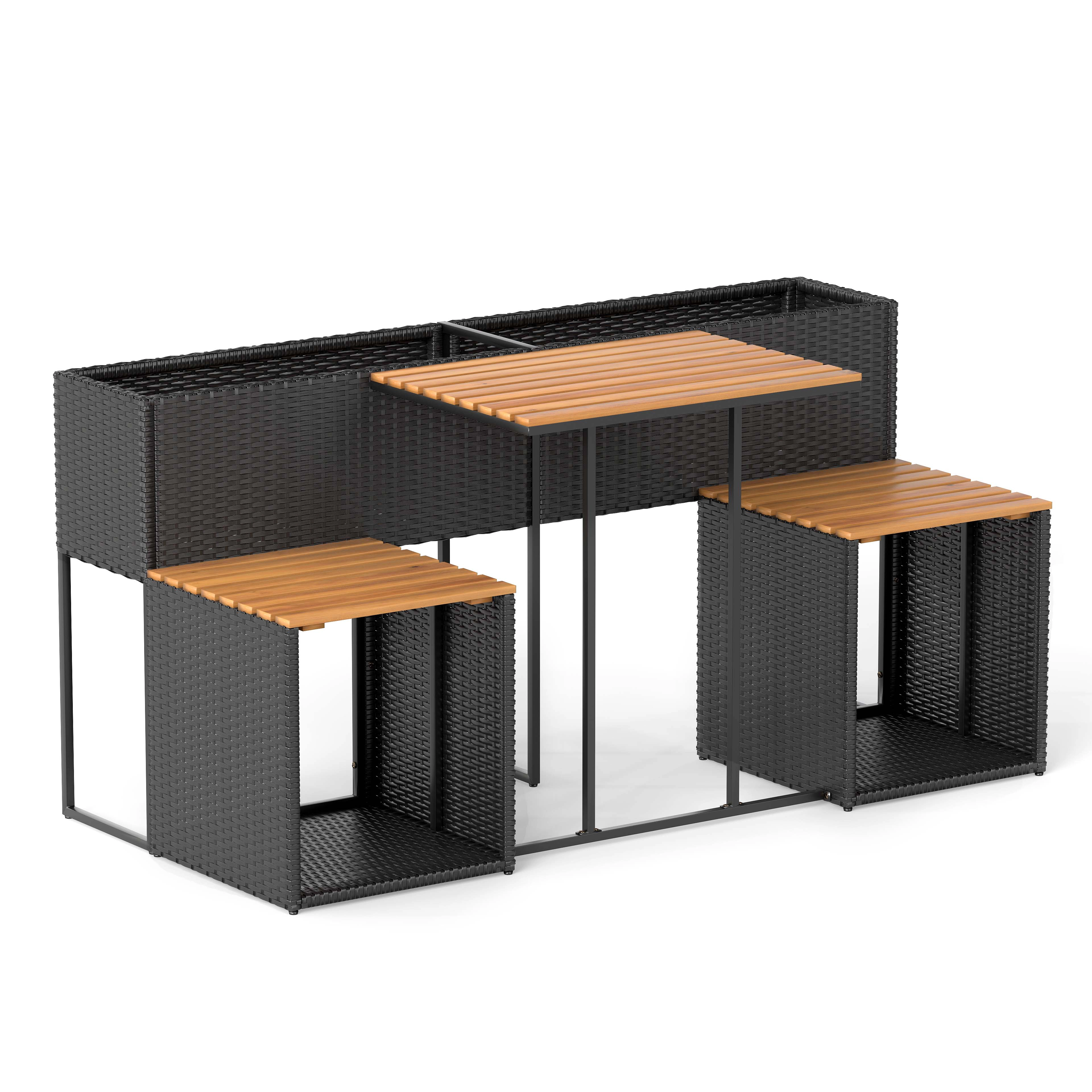 SUGIFT 59-In Black Patio Set with Raised Garden Bed, Planter Table, 2 Seats and Storage Shelf