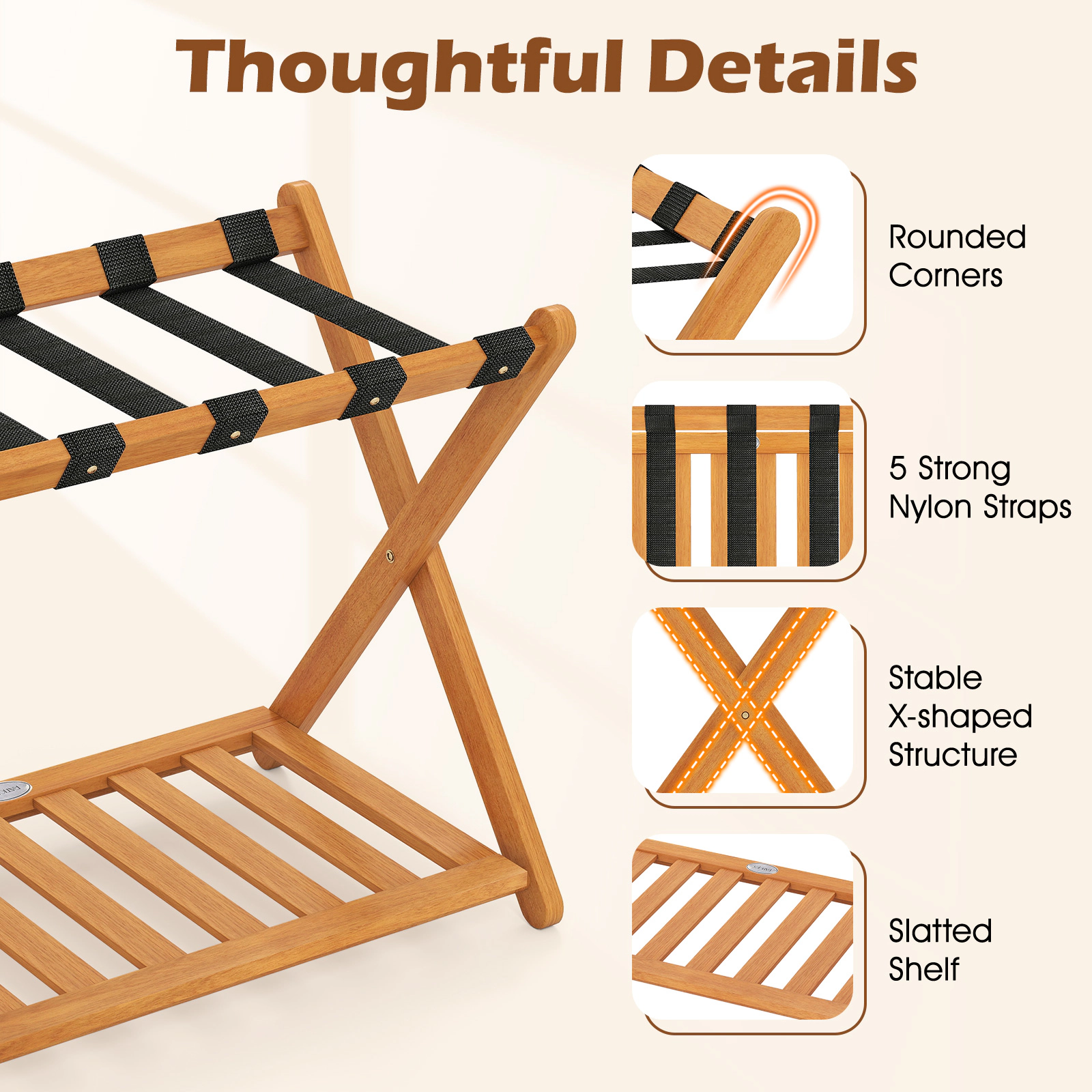 SUGIFT Set of 2 Oak 27-in Folding Acacia Wood Luggage Rack Suitcase Stand with 5 Straps and Shelf