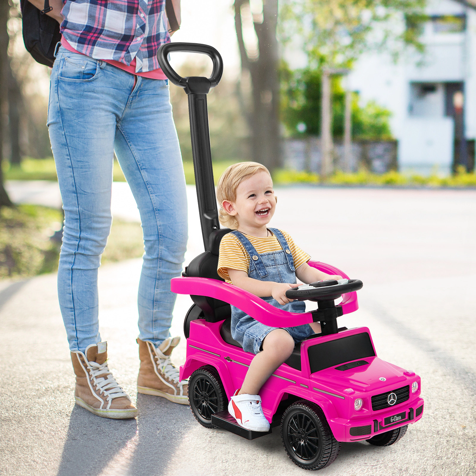 3-in-1 Toddler Push Car Pink Retractable Footrest Canopy Horn Engine Sounds Baby Stroller 18-36 Months 55-lb Limit