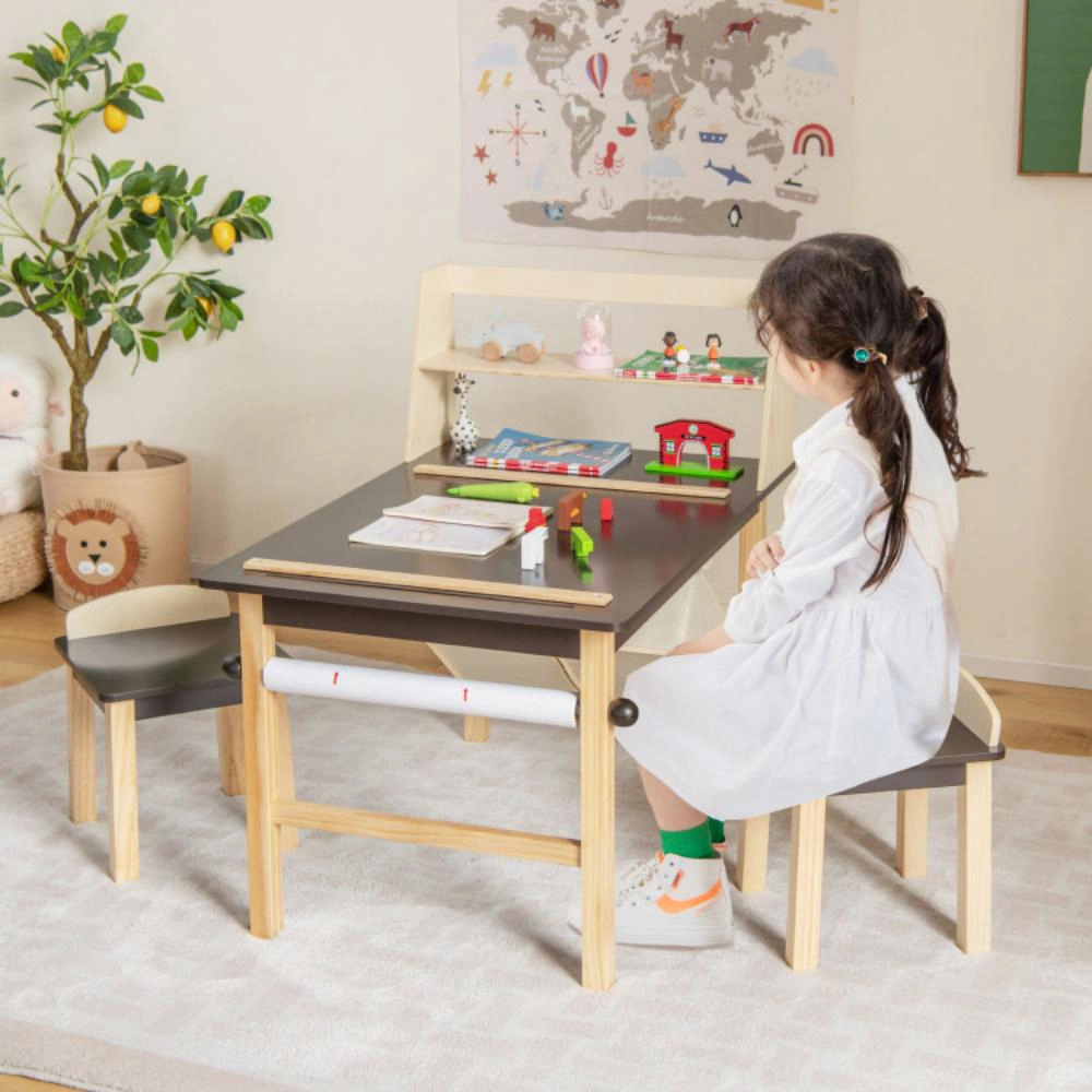 Hivvago Kids Art Table And Chairs Set With Paper Roll And Storage Bins-Coffee