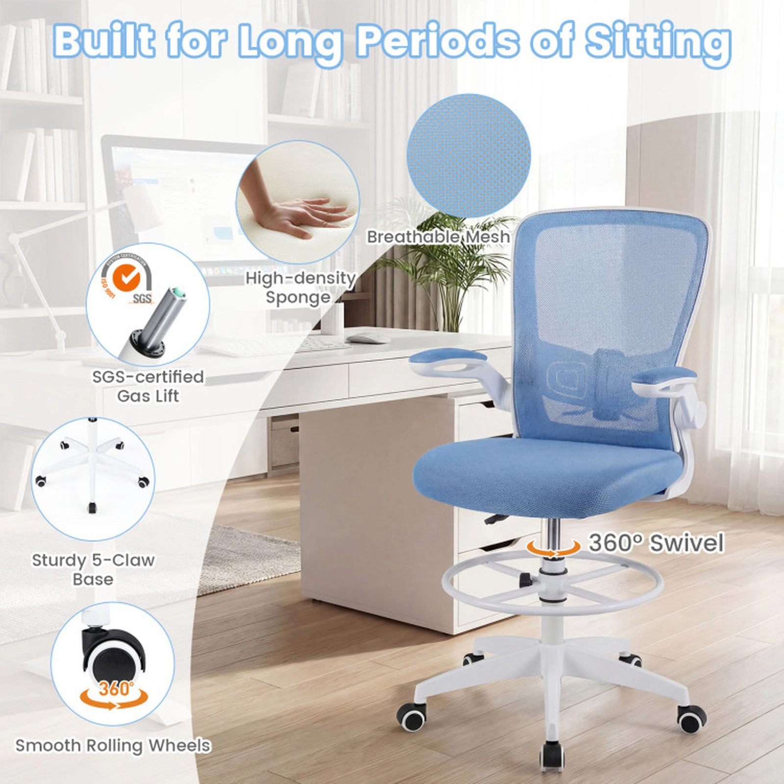 SUGIFT Height Adjustable Drafting Chair with Flip Up Arms 300-lb Capacity Blue